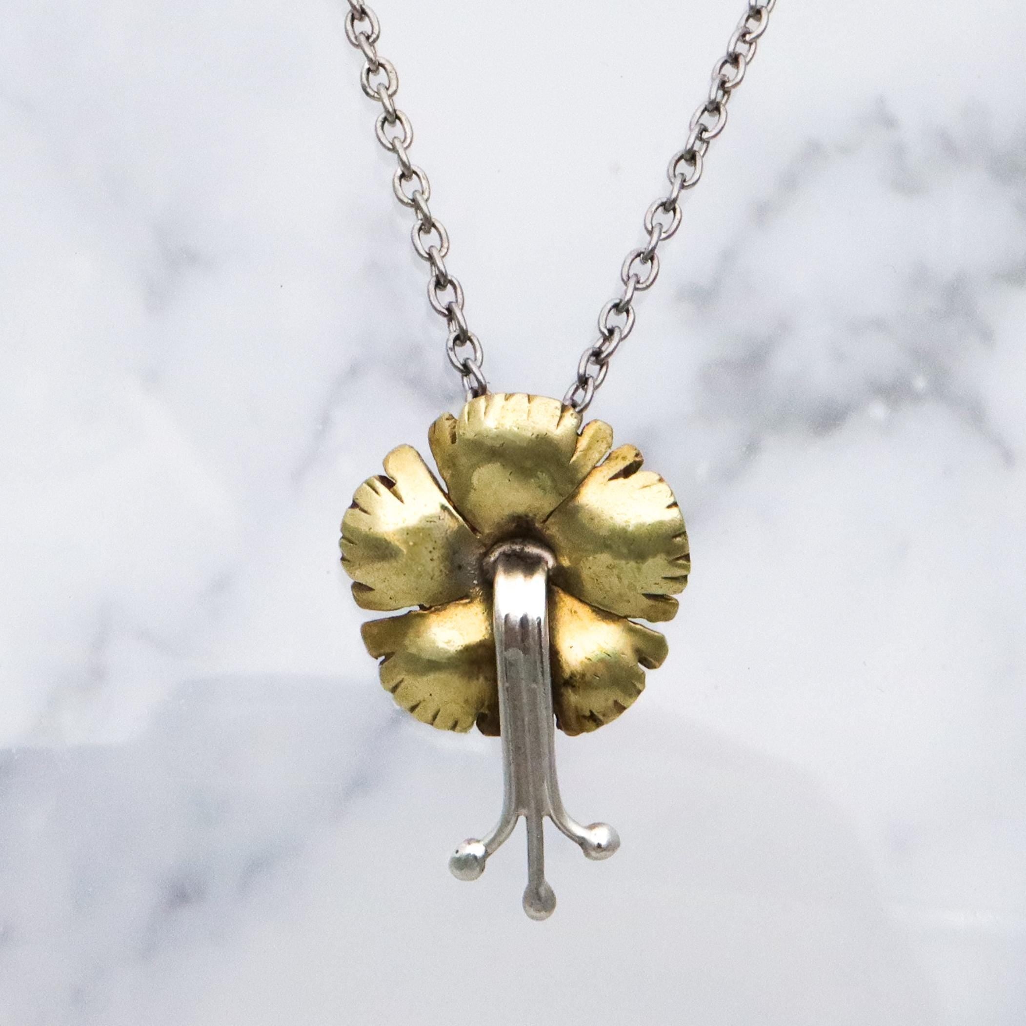 Antique Art Nouveau brass & silver pansy pendant