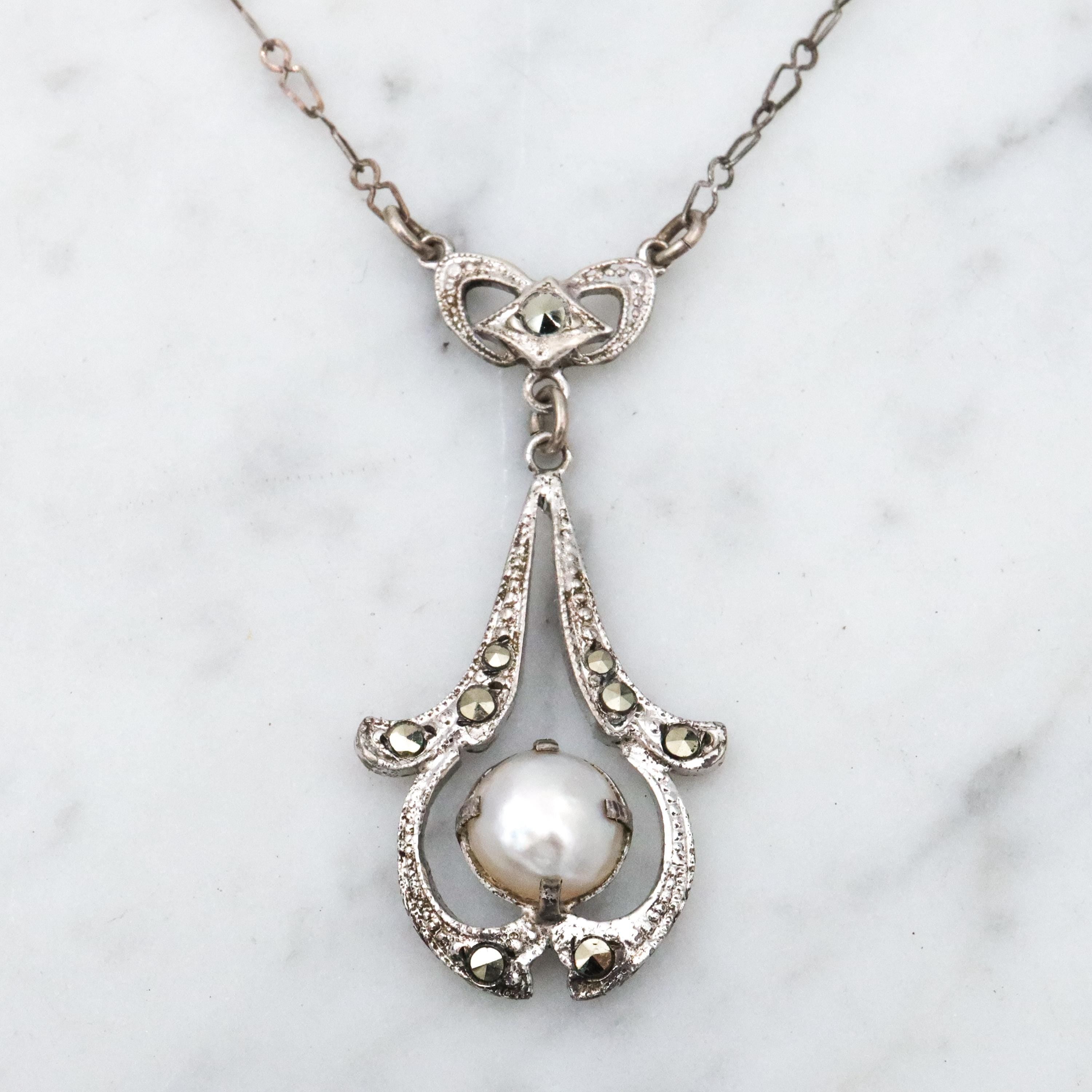 Antique Art Deco sterling mabe pearl & marcasite drop pendant necklace