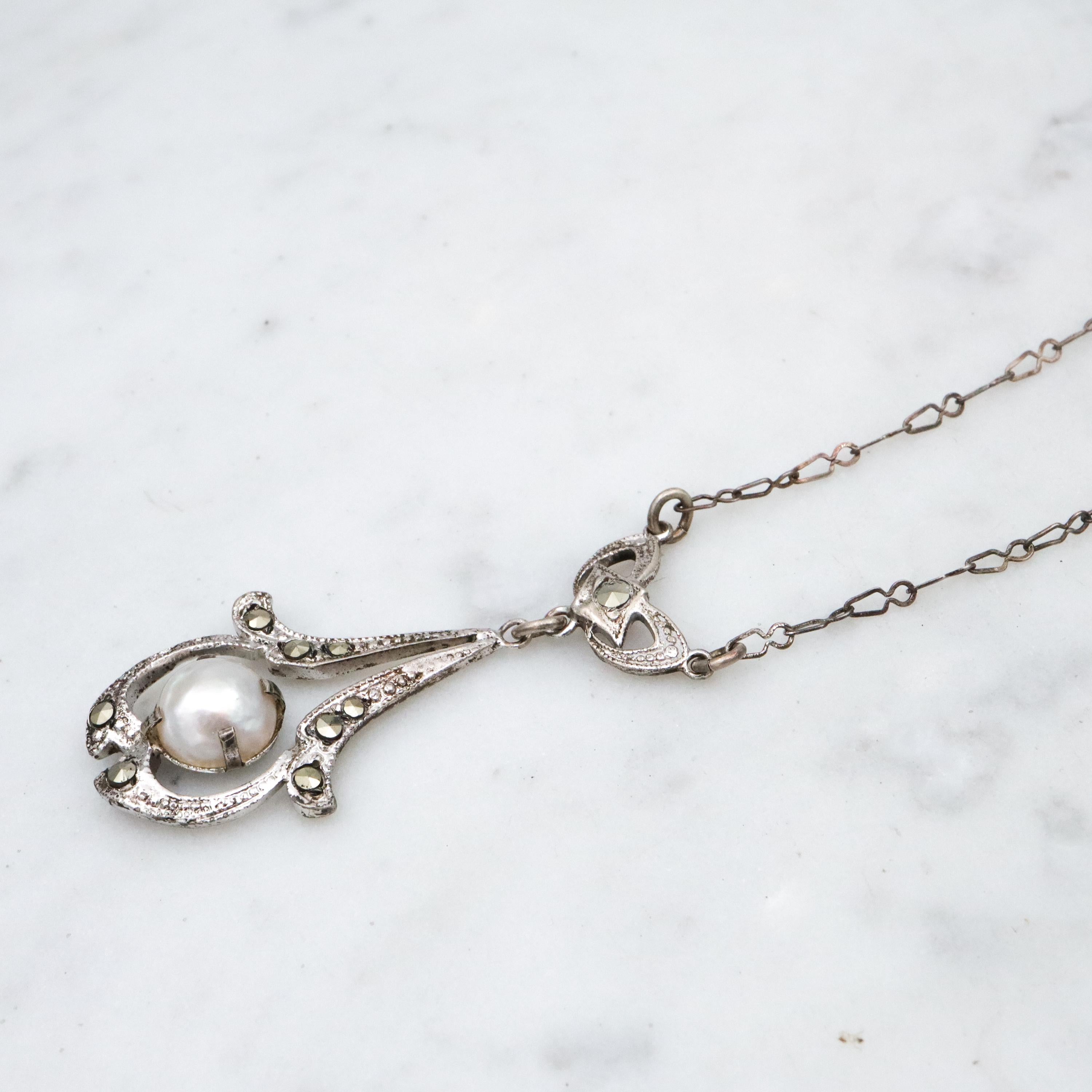 Antique Art Deco sterling mabe pearl & marcasite drop pendant necklace