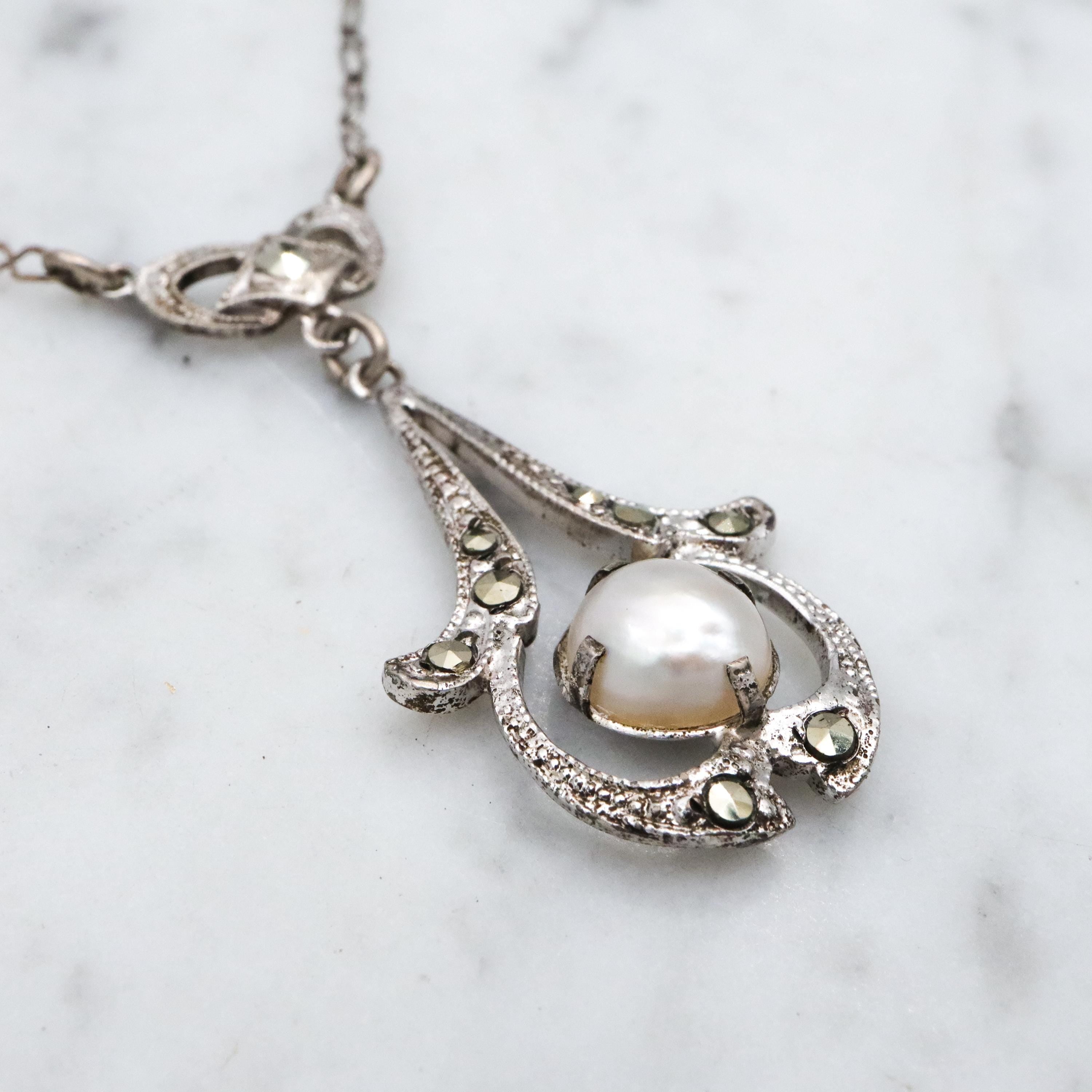 Antique Art Deco sterling mabe pearl & marcasite drop pendant necklace