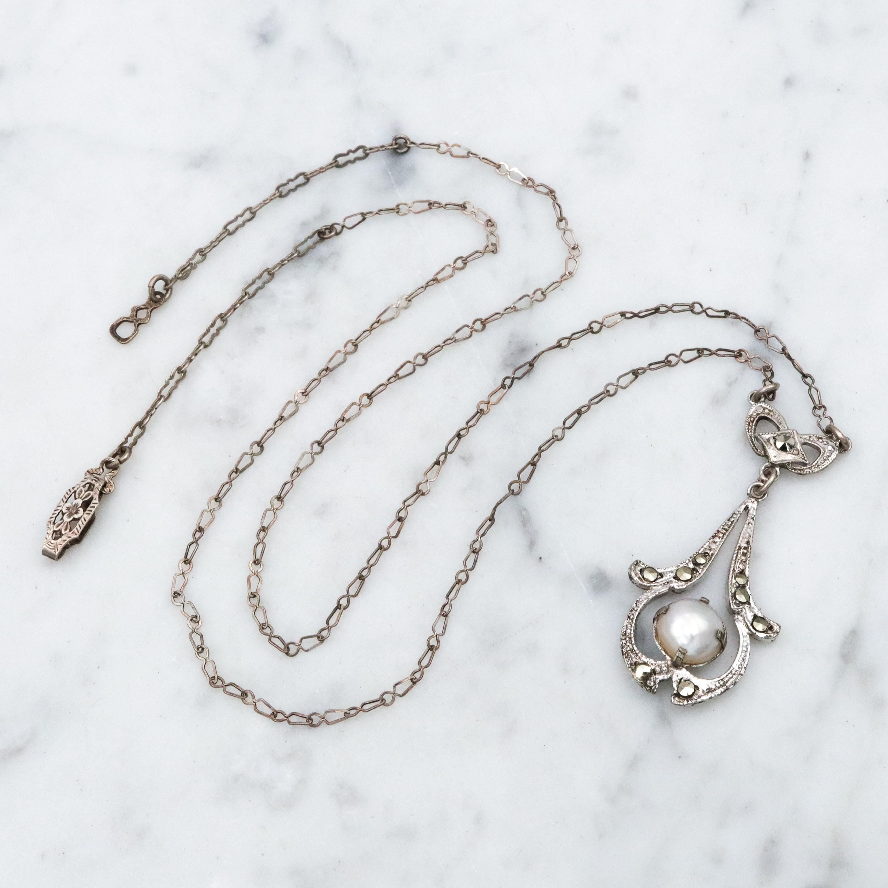 Antique Art Deco sterling mabe pearl & marcasite drop pendant necklace