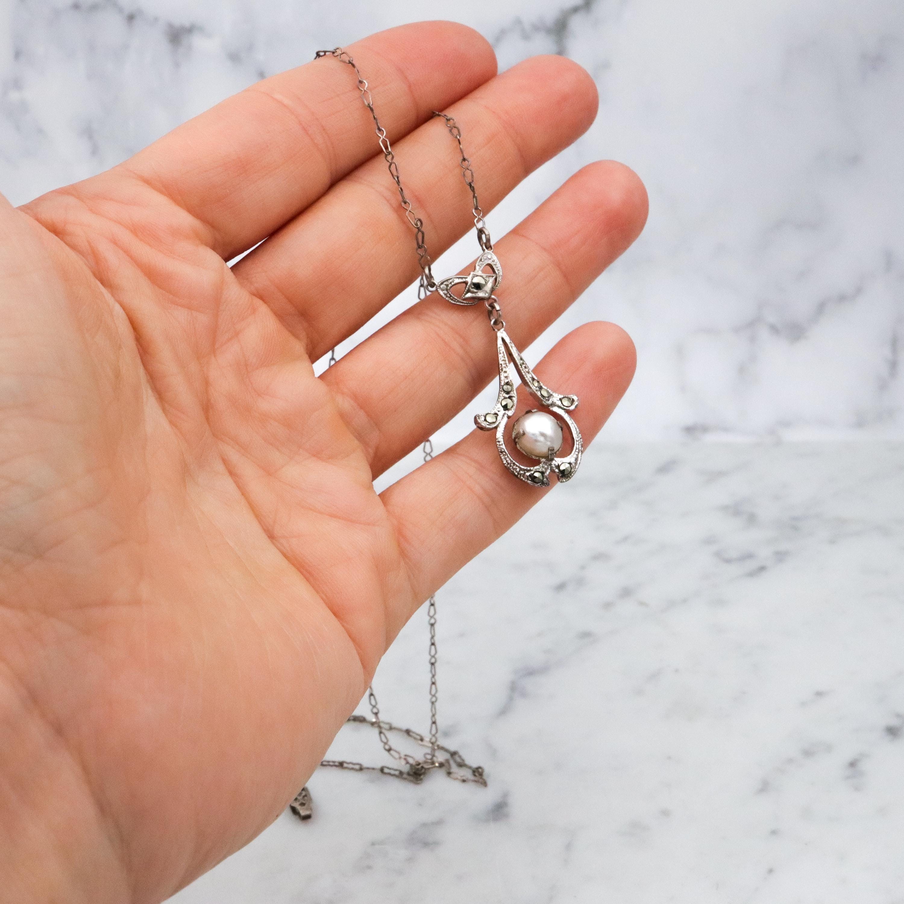 Antique Art Deco sterling mabe pearl & marcasite drop pendant necklace