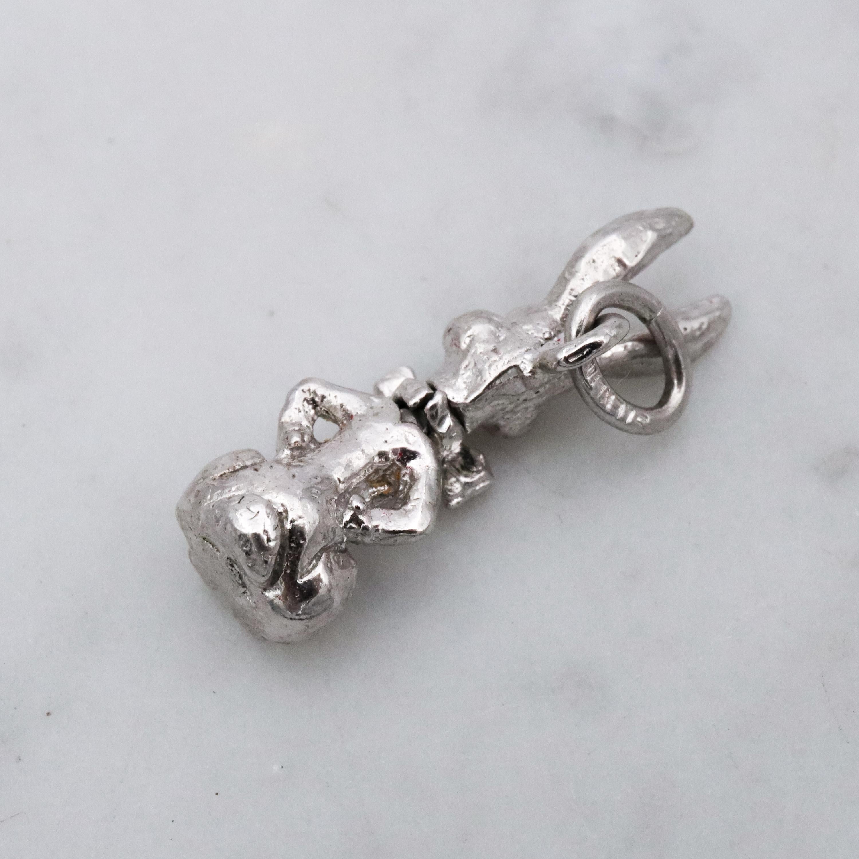 Vintage sterling seated bunny with red bowtie & nodding head