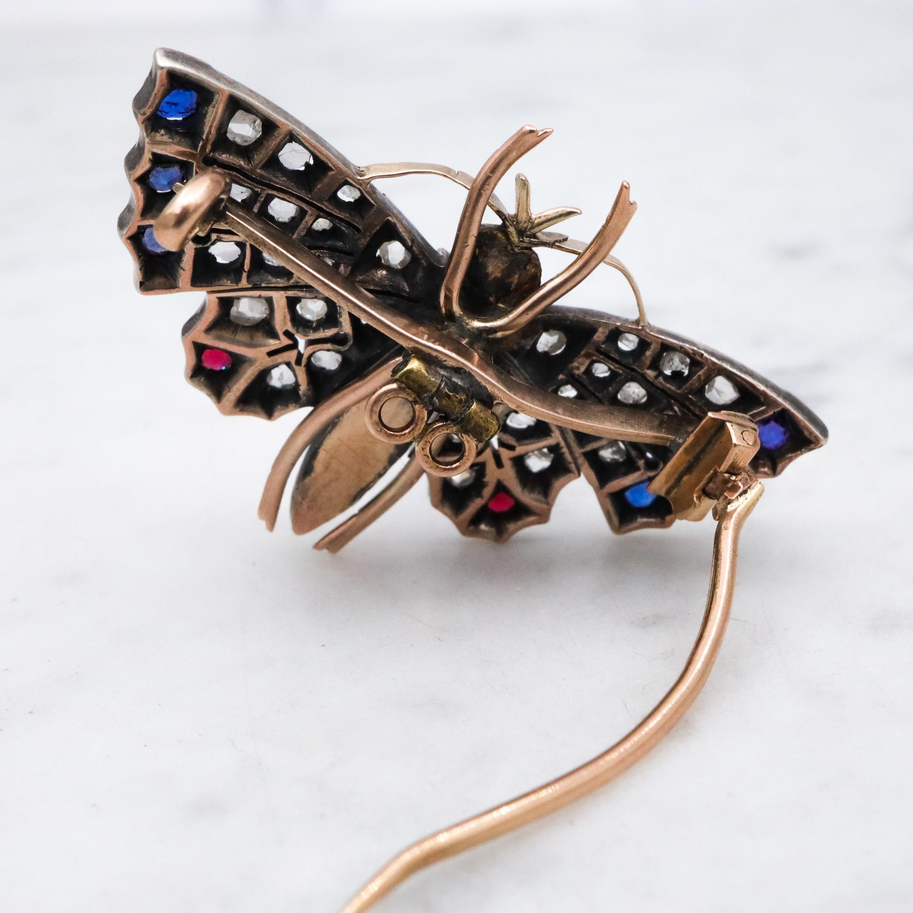 Antique Victorian rose cut diamond, ruby, & sapphire butterfly brooch