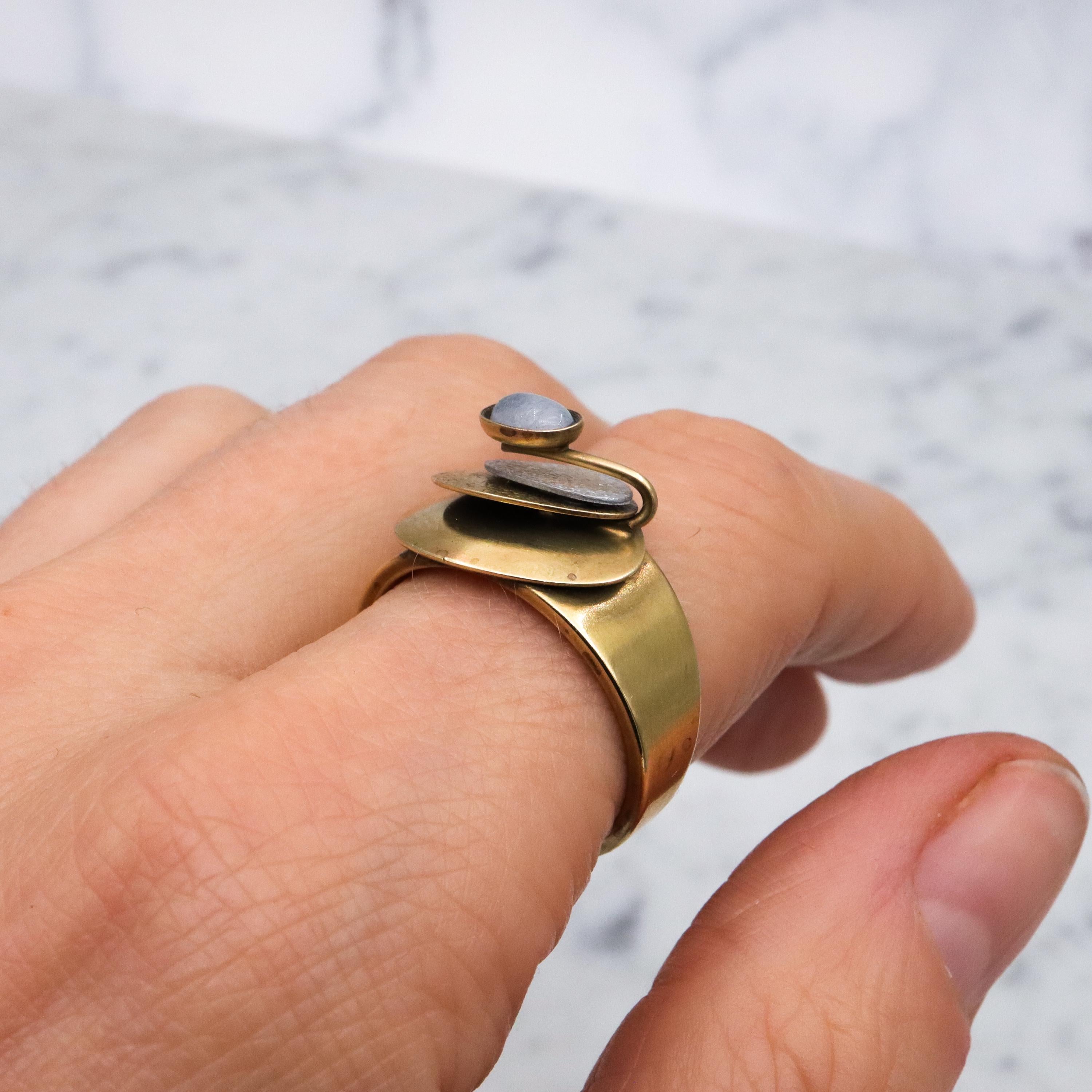 MCM studio artist geometric brass ring w/moonstone, size 10