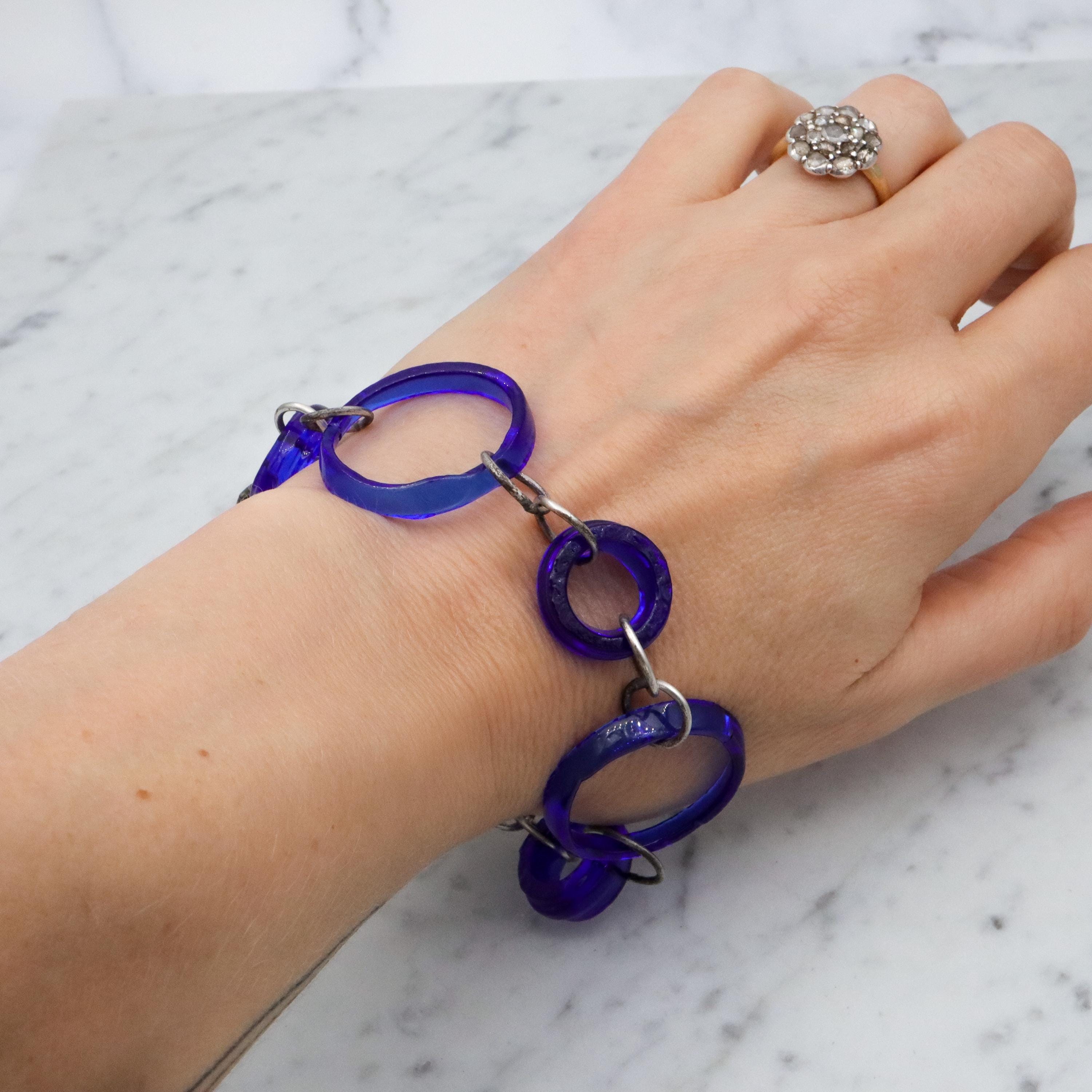 Vintage silver & glass bottle ring link bracelet