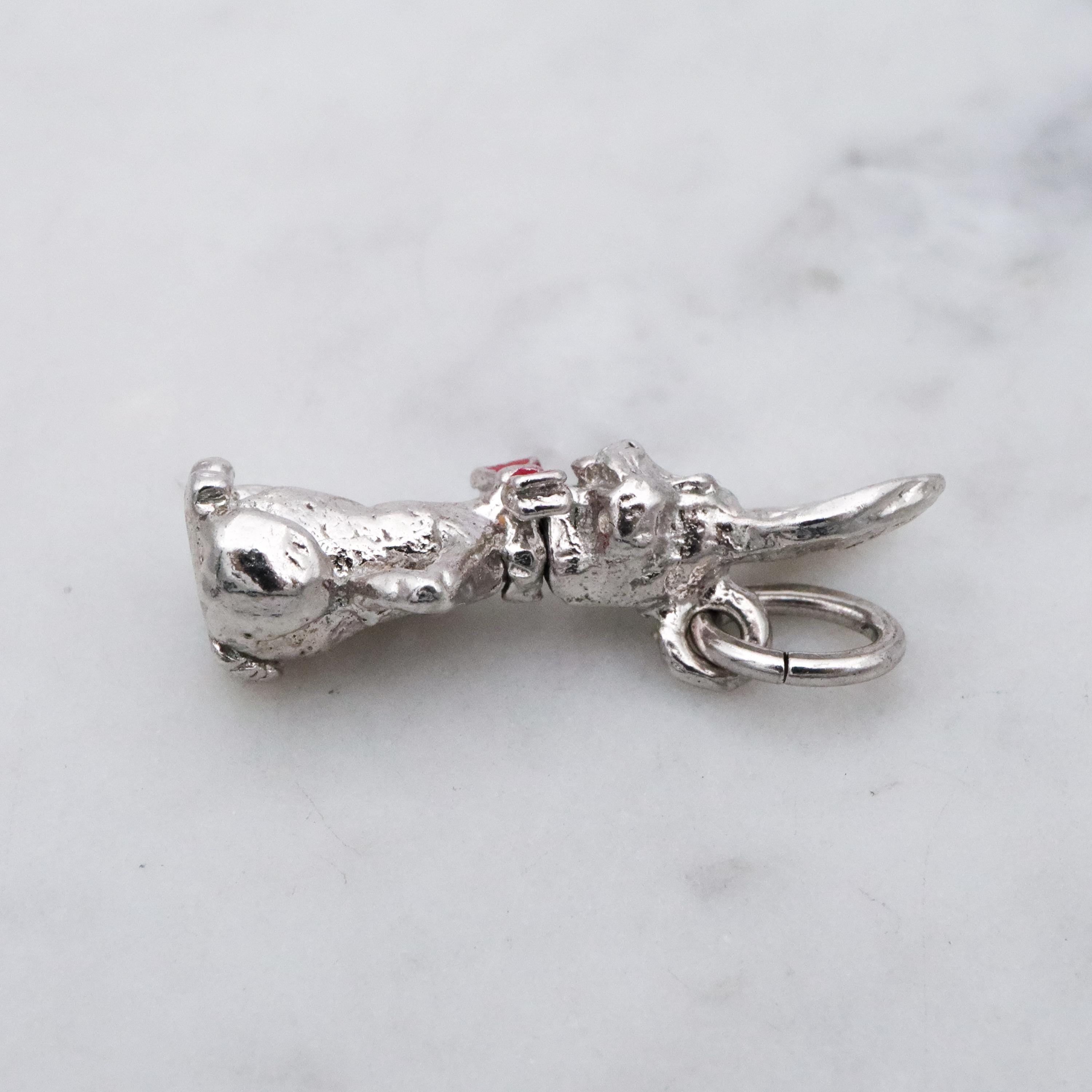 Vintage sterling seated bunny with red bowtie & nodding head