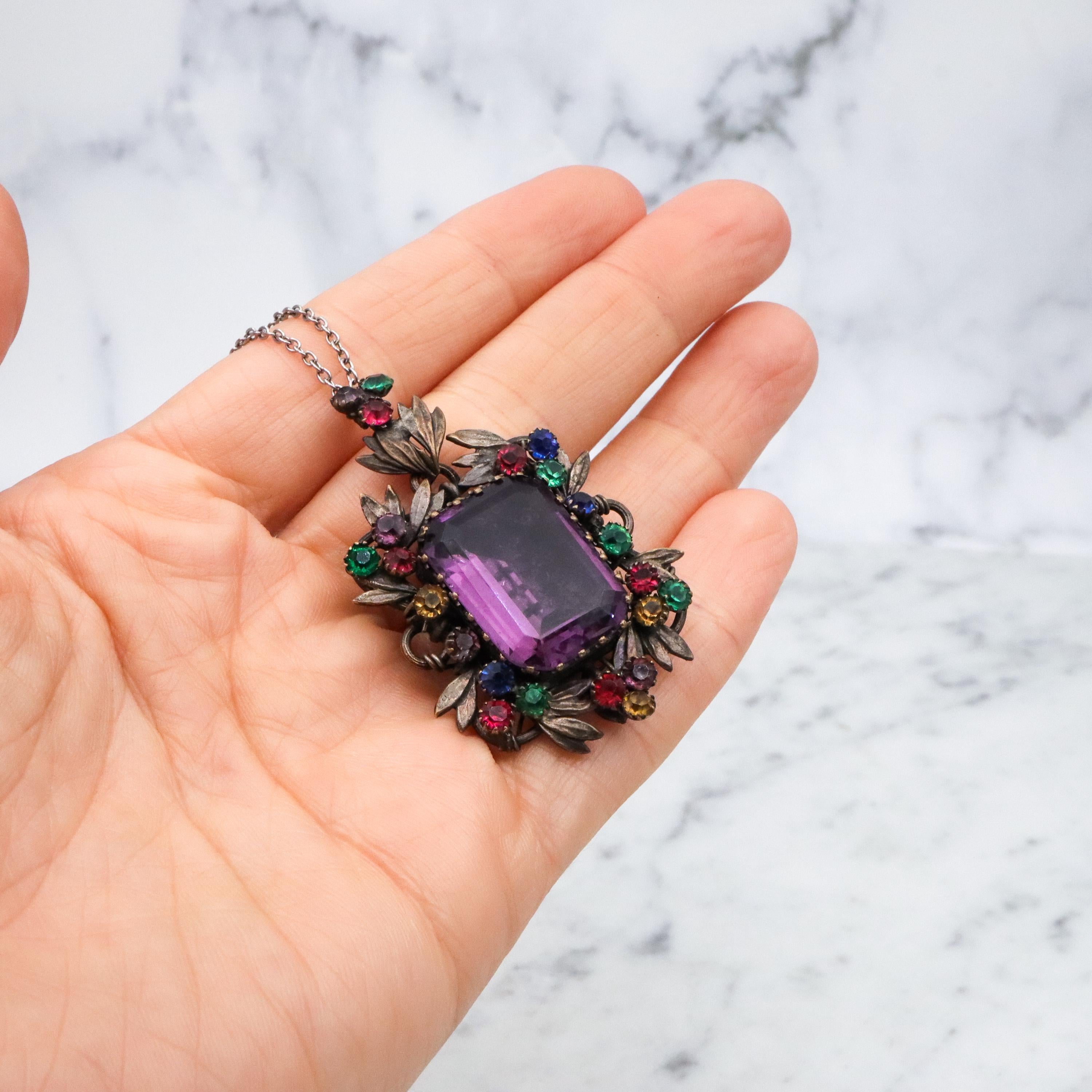 Antique harlequin Czech crystal faux amethyst floral locket pendant