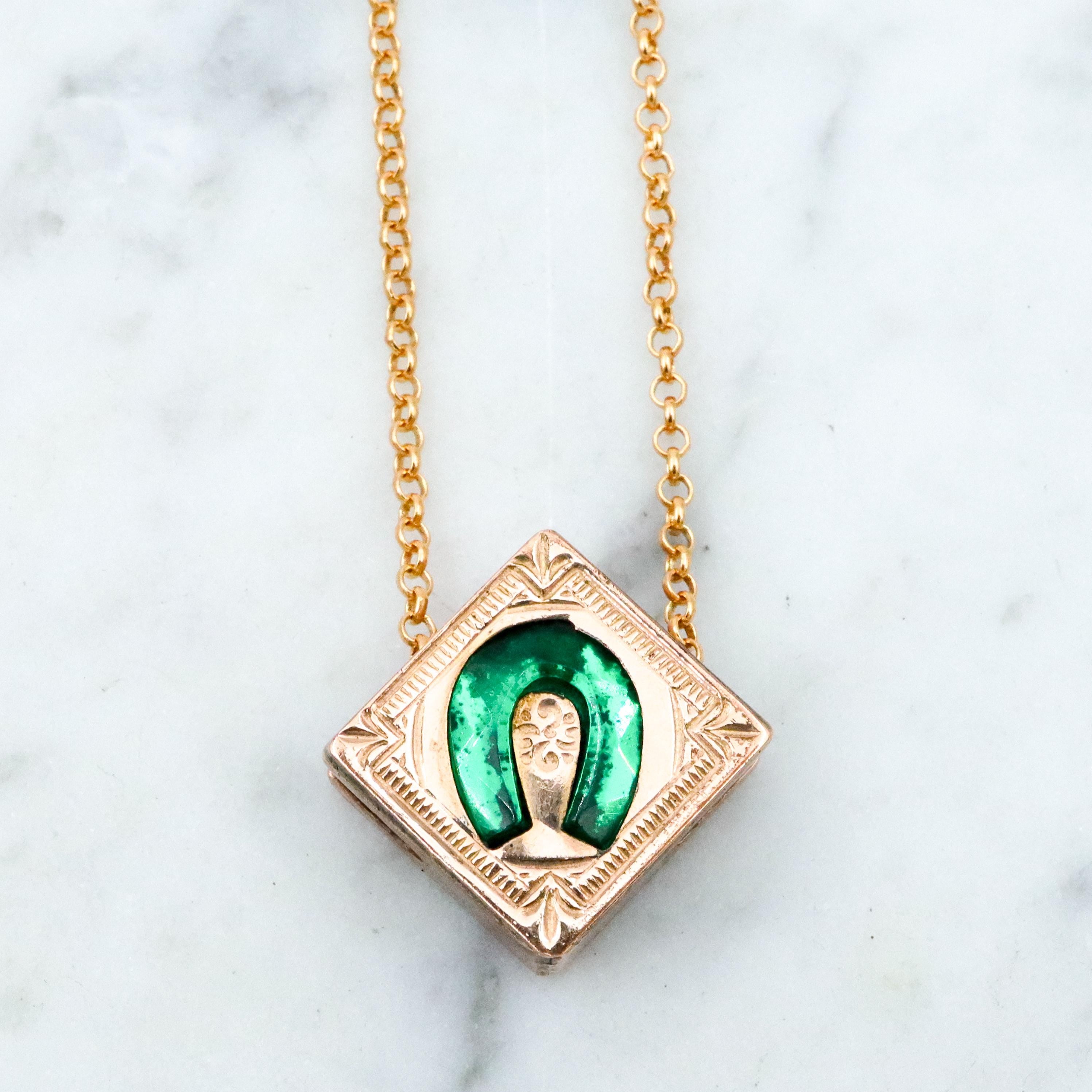 Antique Victorian gold filled green glass horseshoe square slide charm necklace