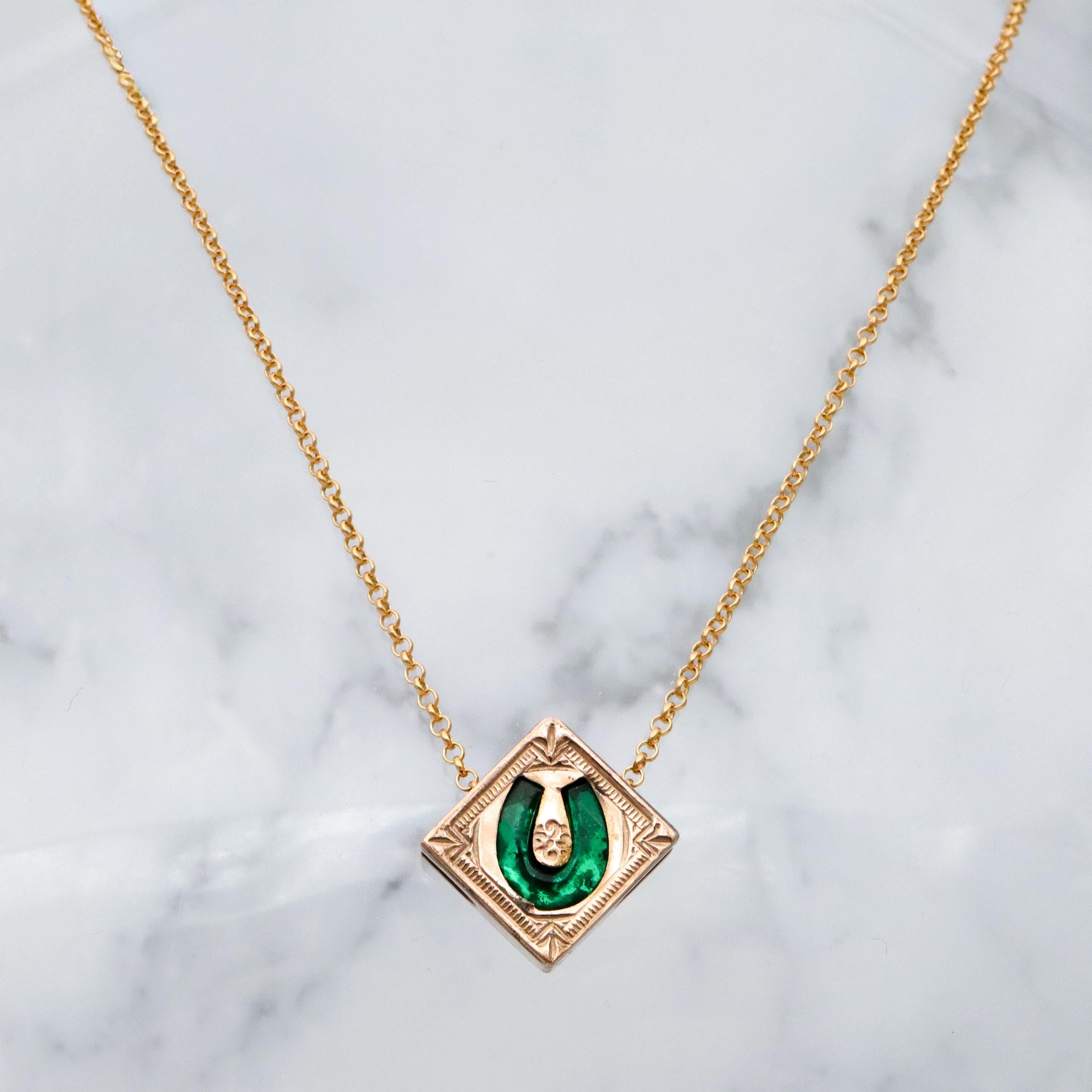 Antique Victorian gold filled green glass horseshoe square slide charm necklace