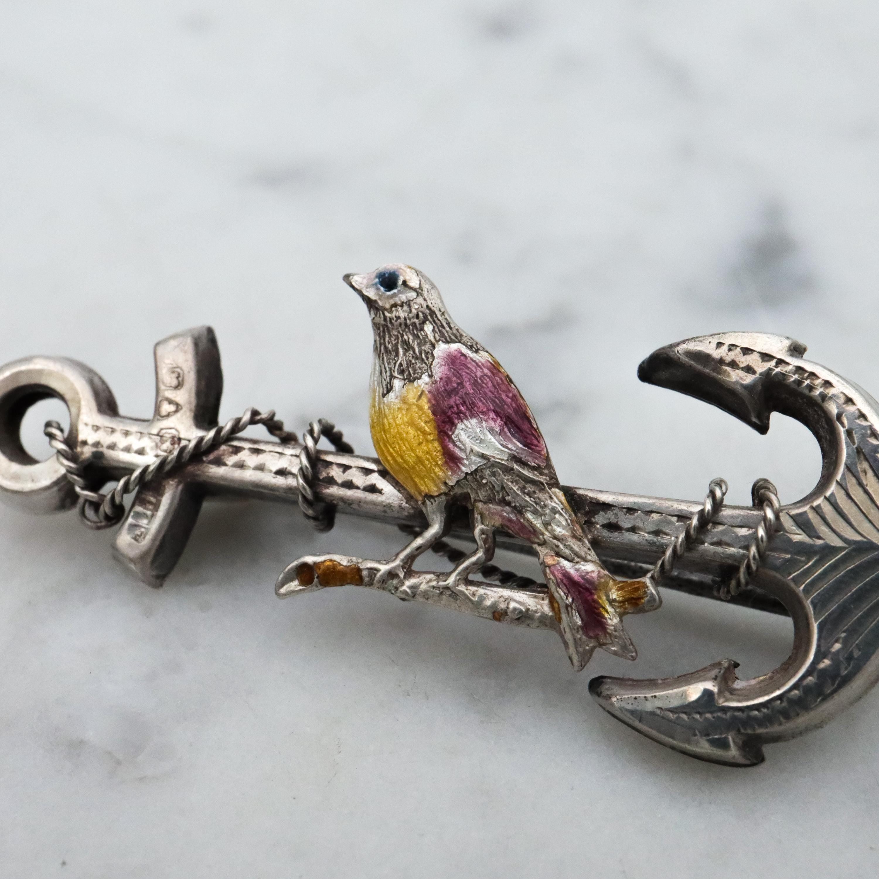 Antique late Victorian anchor & rope w/enamel bird sterling sweetheart brooch