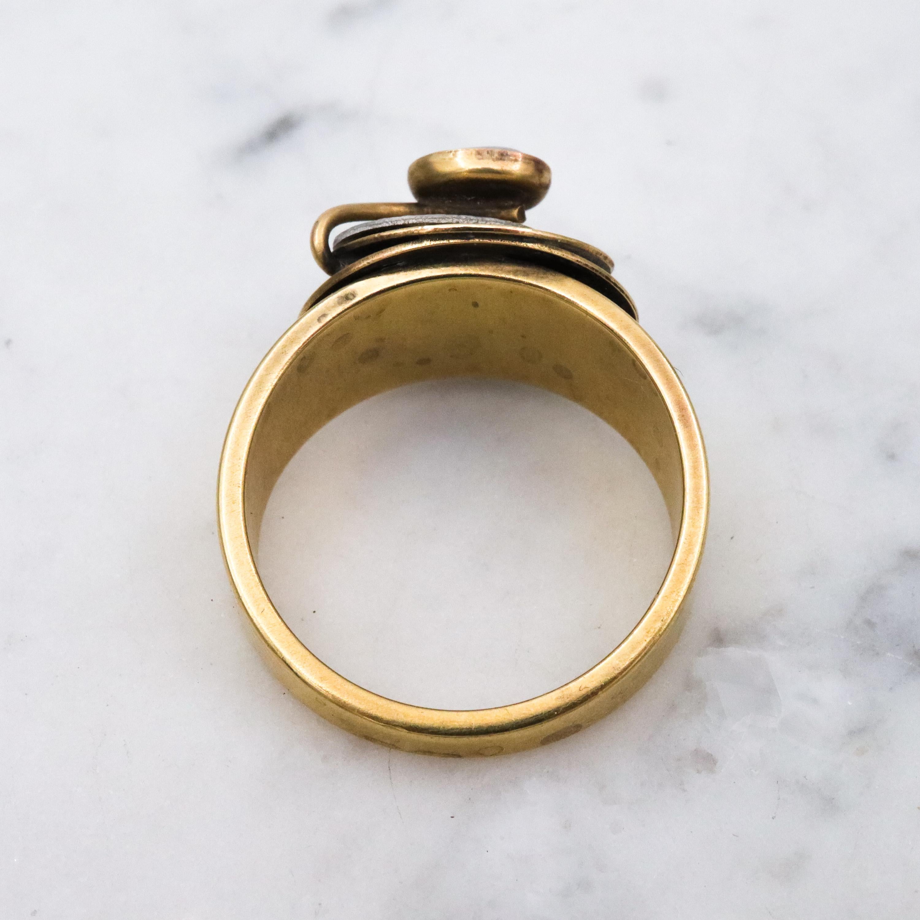 MCM studio artist geometric brass ring w/moonstone, size 10