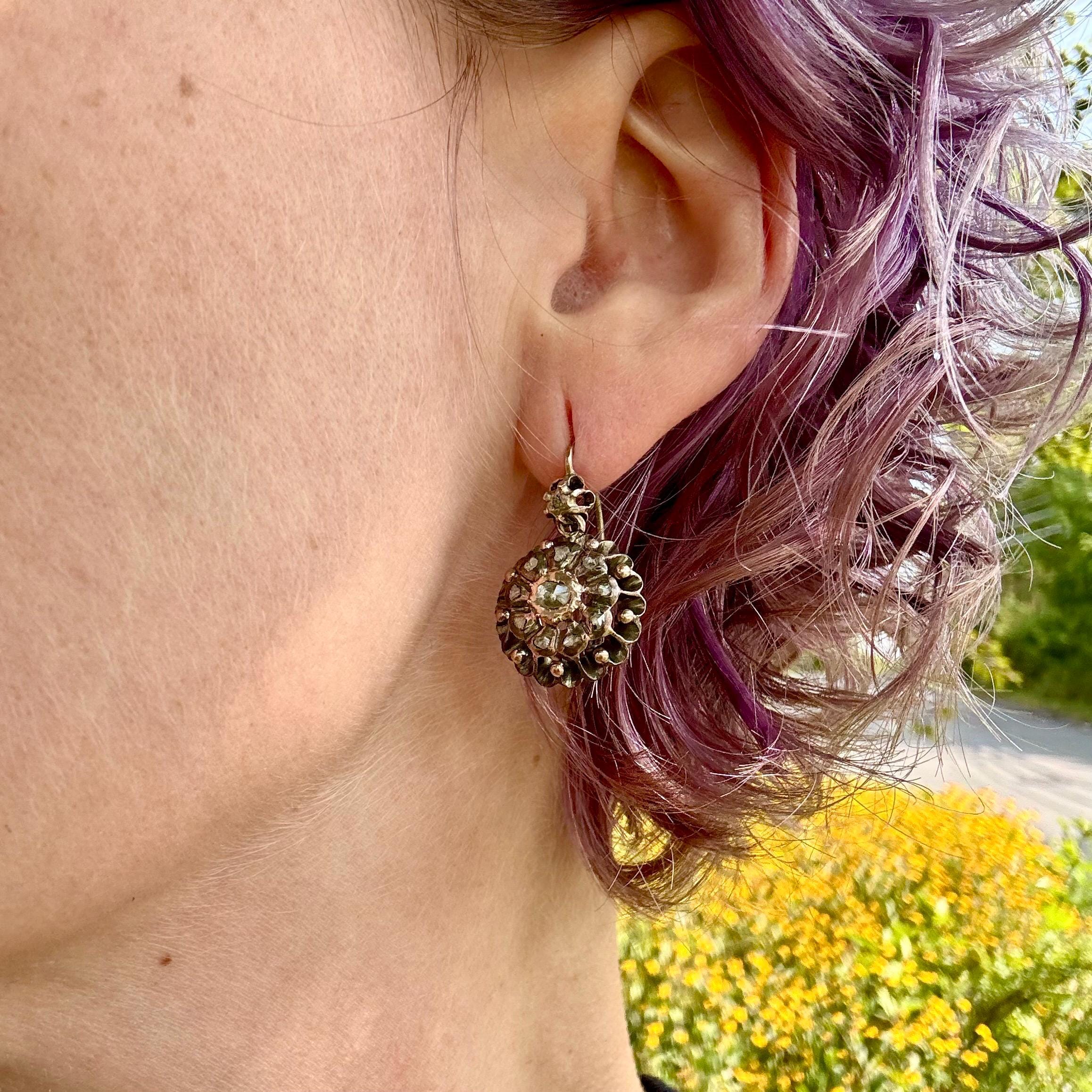 Antique Georgian 9k gold & silver rose cut diamond drop earrings