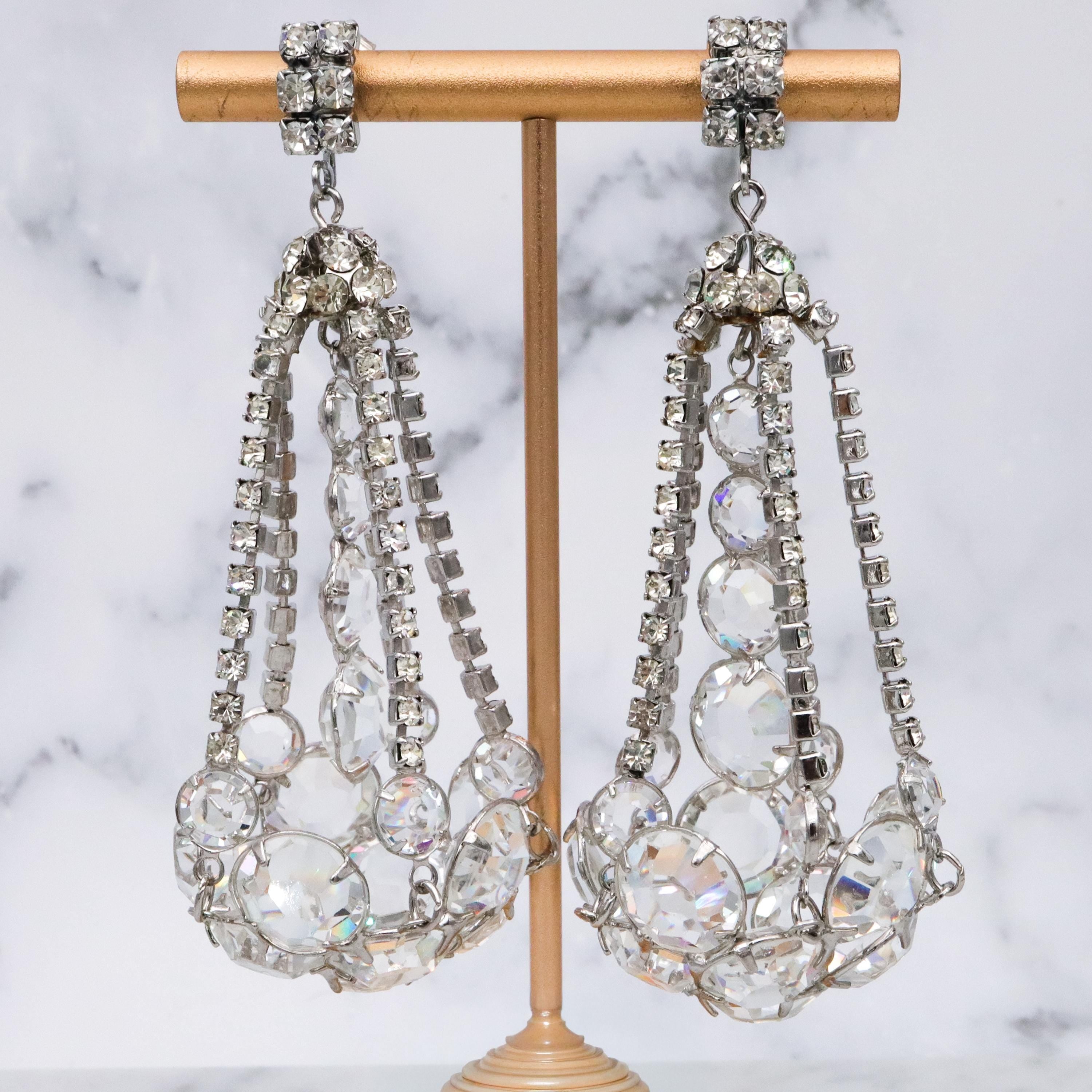 Massive Art Deco dimensional chandelier open back crystal drop earrings
