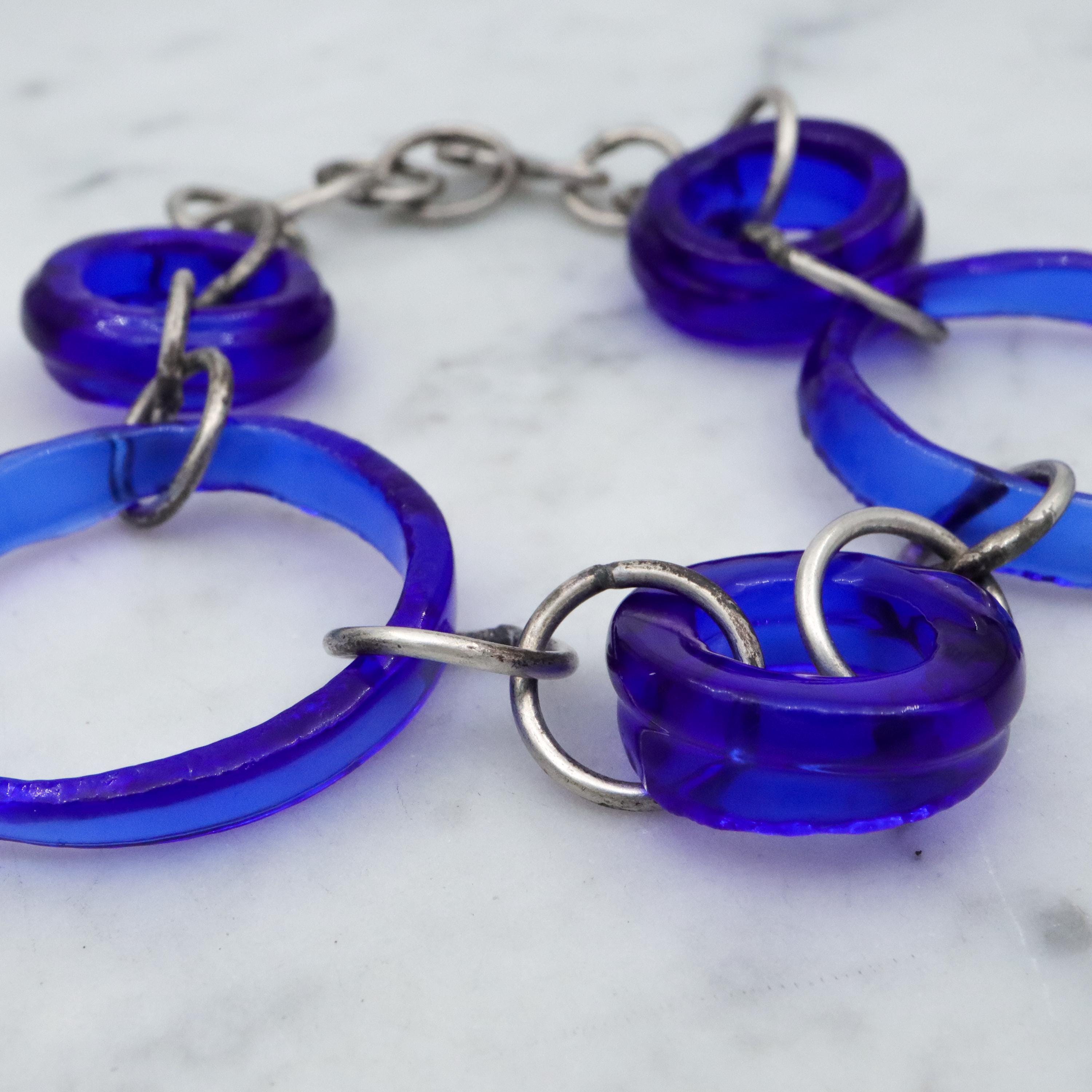 Vintage silver & glass bottle ring link bracelet