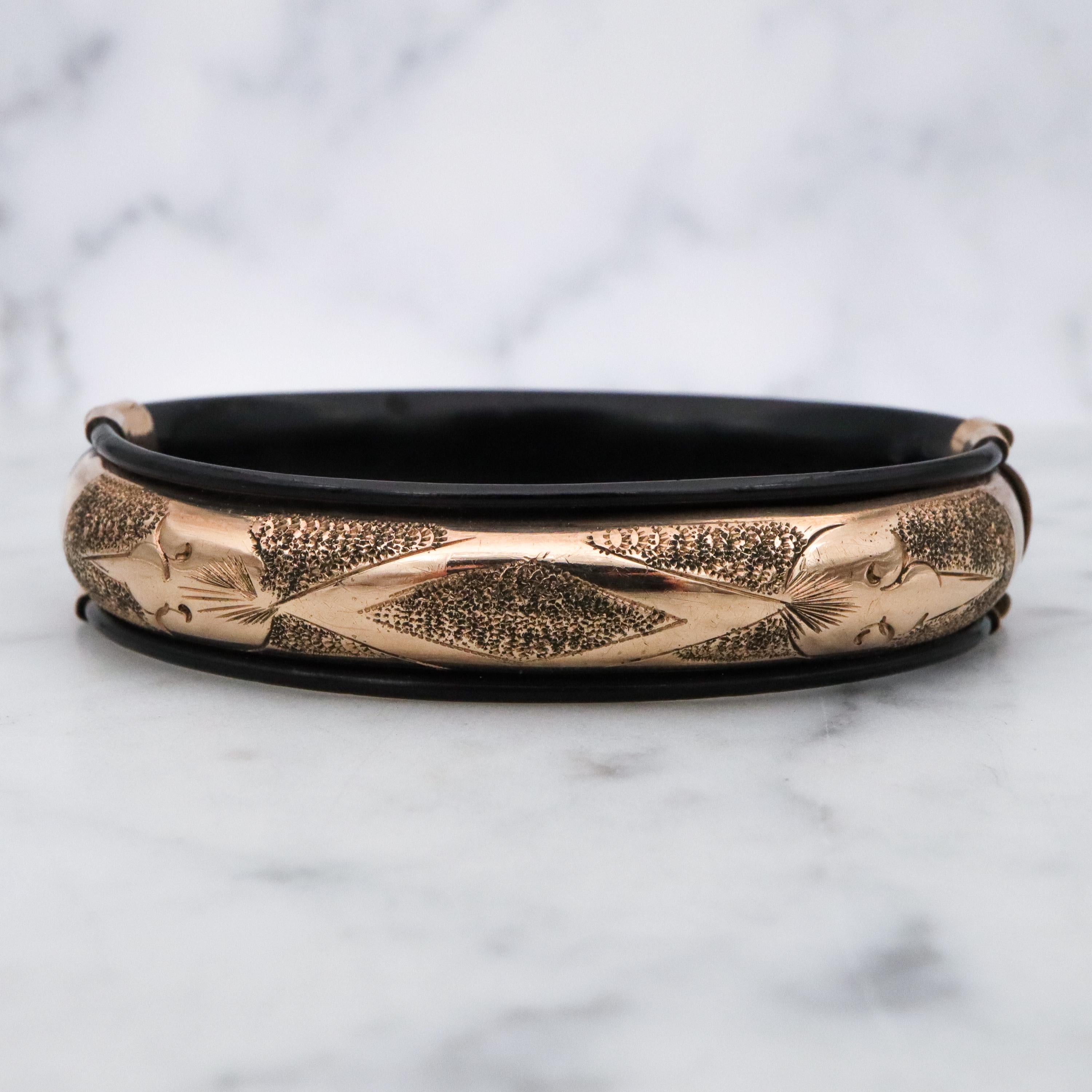 Antique Victorian gold filled etched & black lacquered stretch bangle