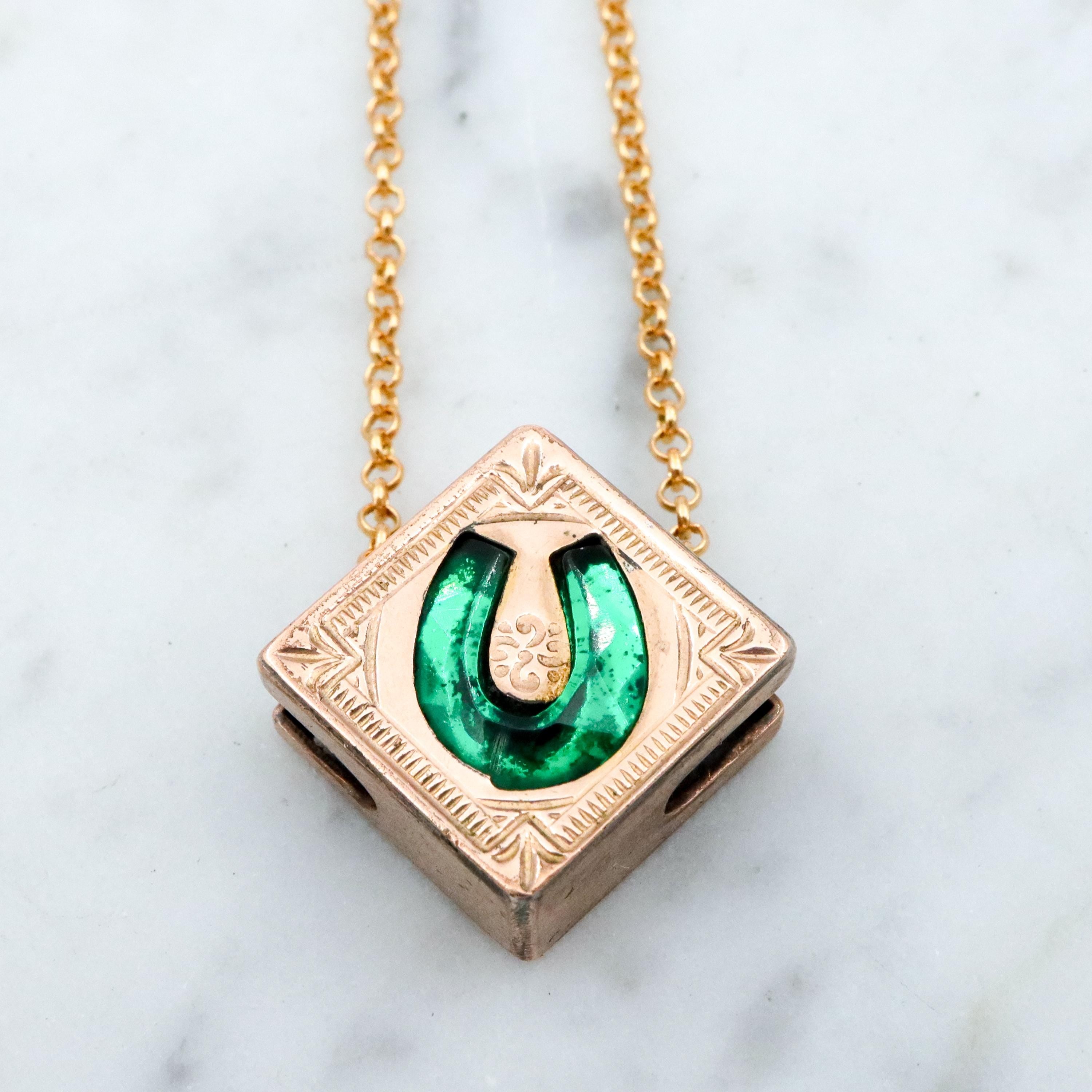 Antique Victorian gold filled green glass horseshoe square slide charm necklace