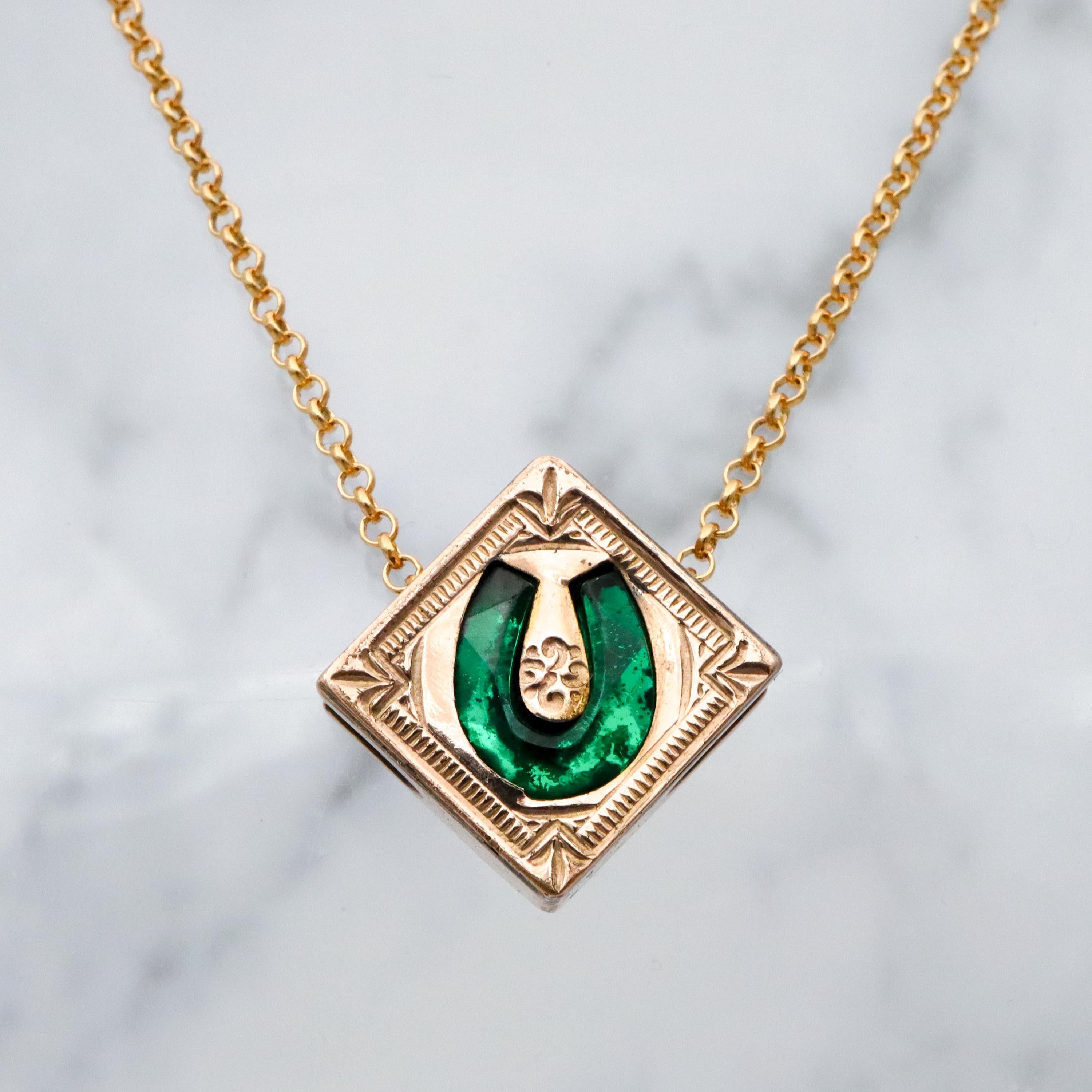 Antique Victorian gold filled green glass horseshoe square slide charm necklace
