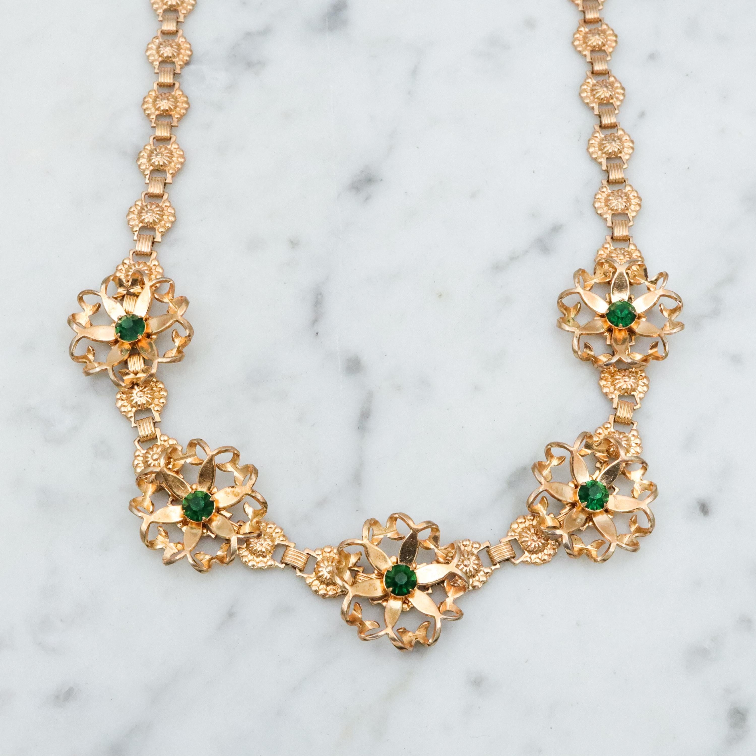 Mid Century gold filled & green rhinestone flower link necklace