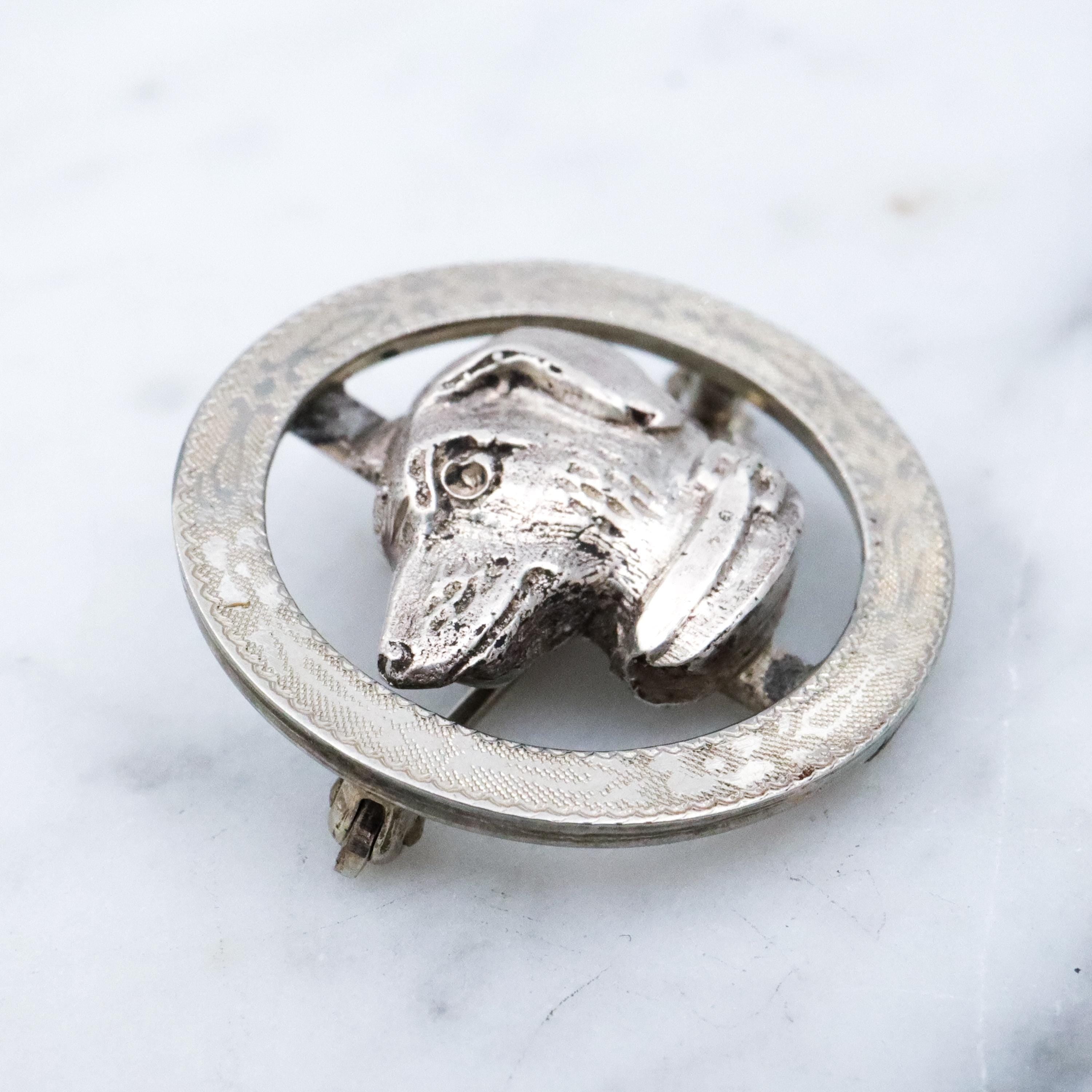 Antique Art Deco 10k white gold & sterling dog circle pin