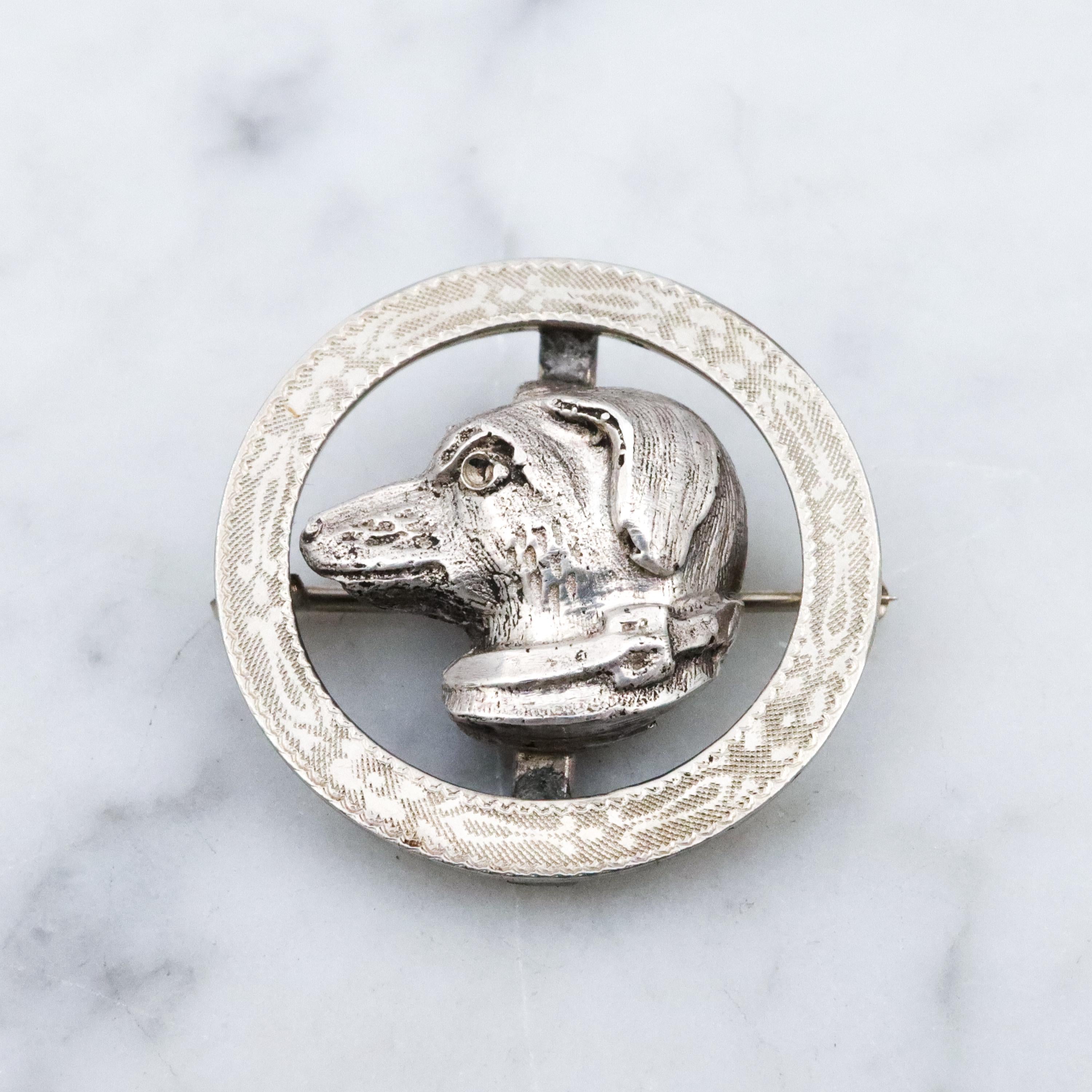 Antique Art Deco 10k white gold & sterling dog circle pin