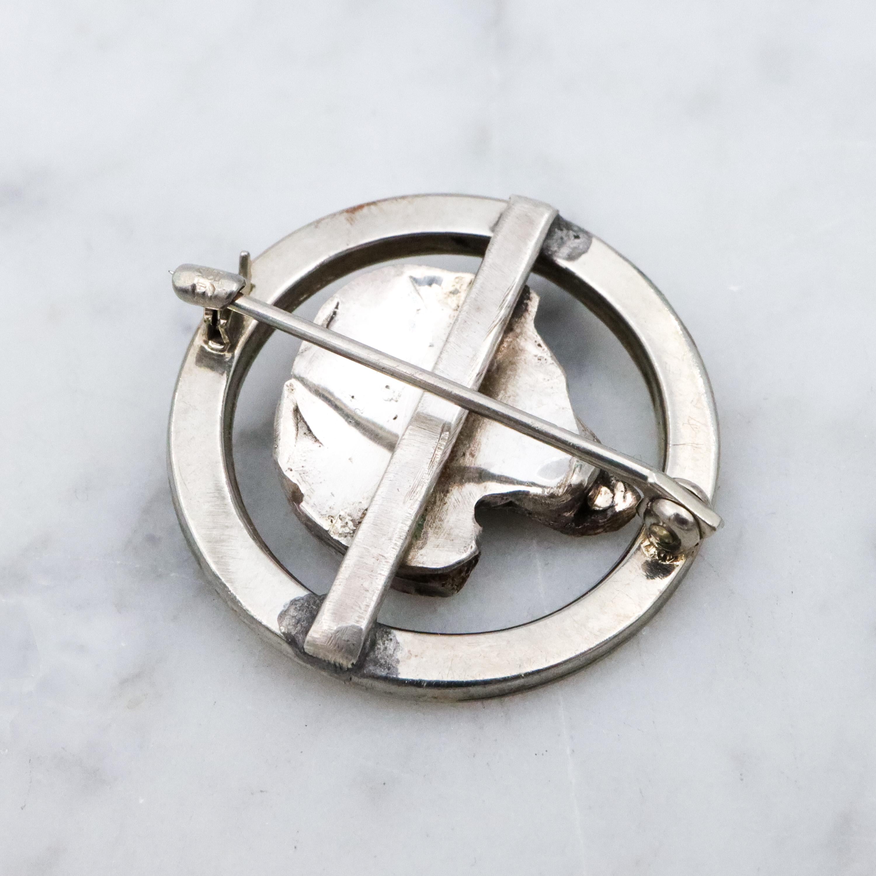 Antique Art Deco 10k white gold & sterling dog circle pin