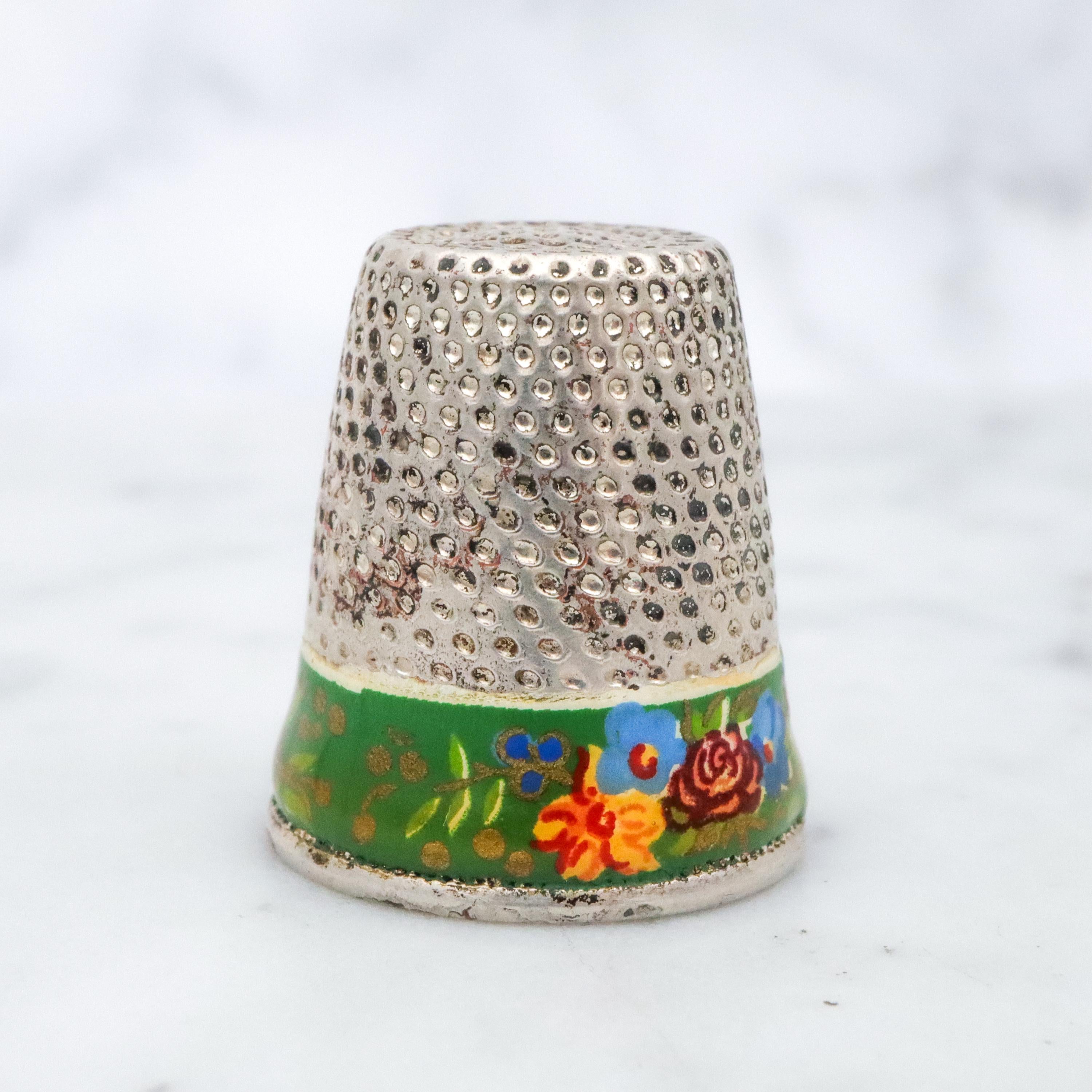 Antique silver plated enamel floral thimble