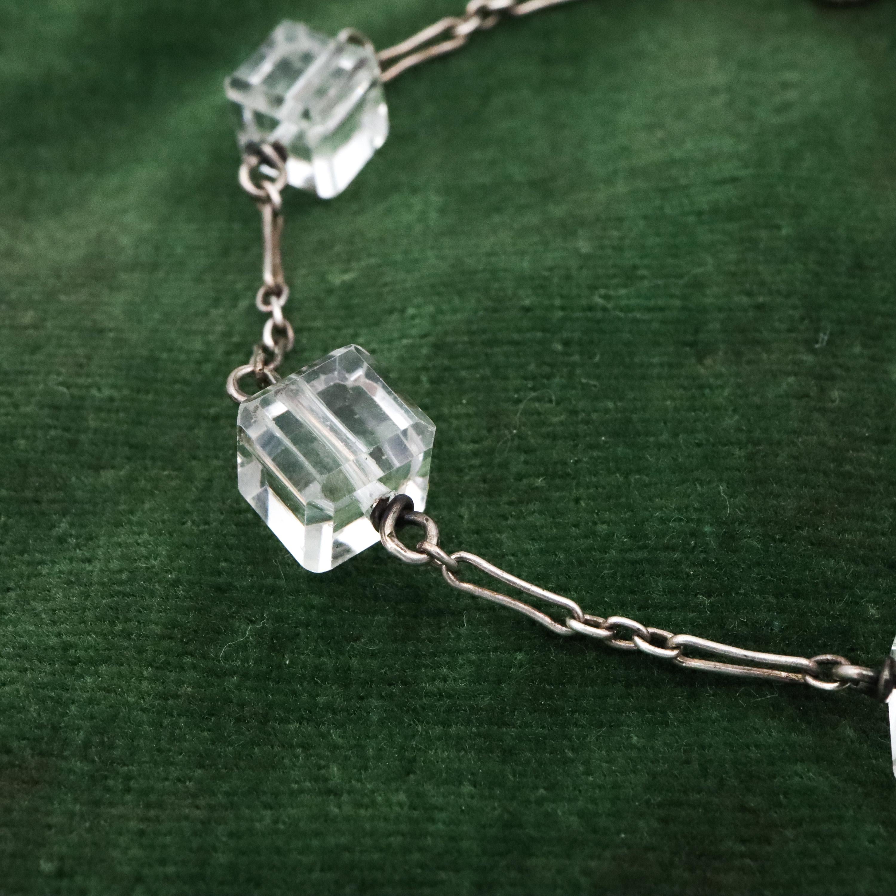 Antique Art Deco rock crystal block bead sterling link bracelet