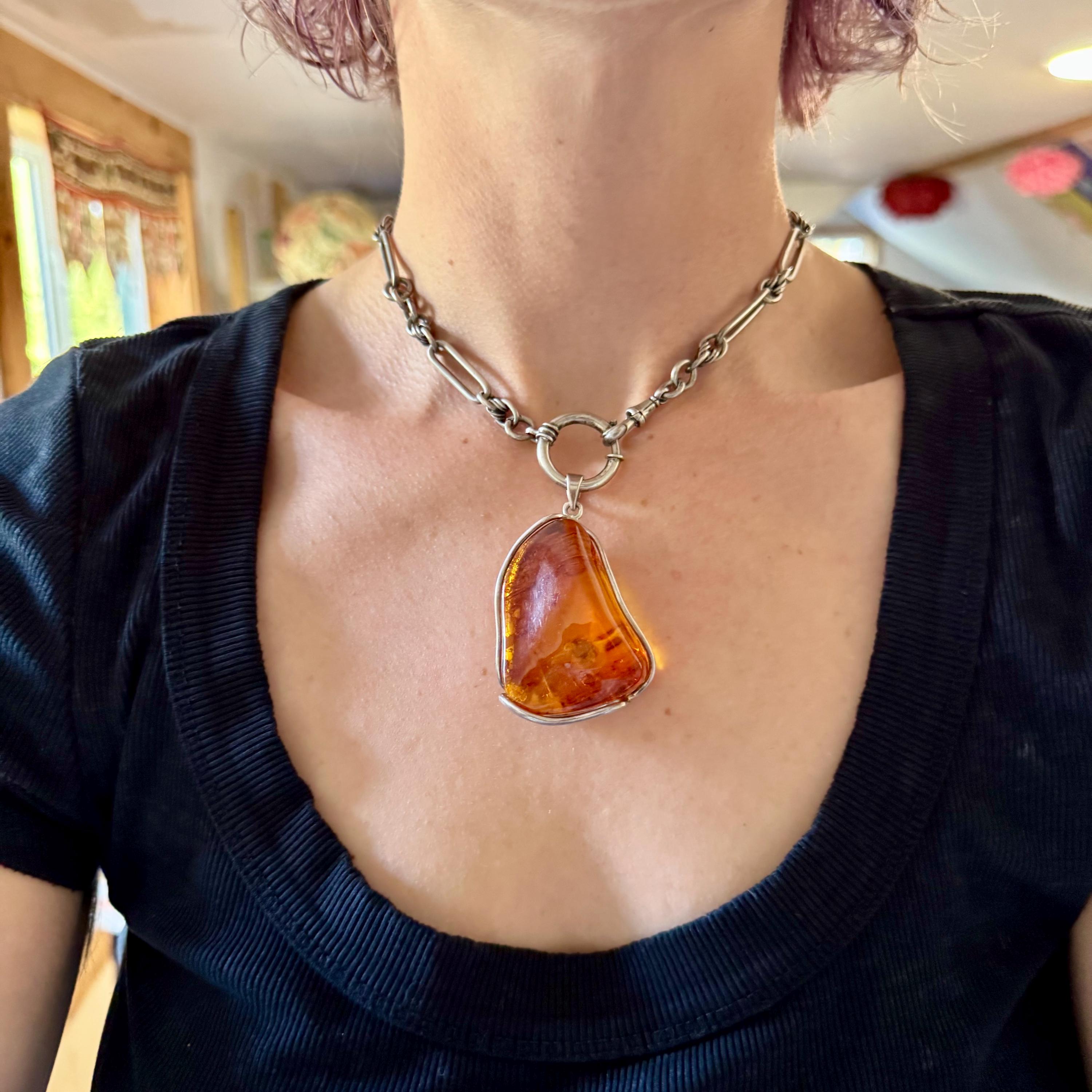 Large vintage sterling silver amber chunk pendant