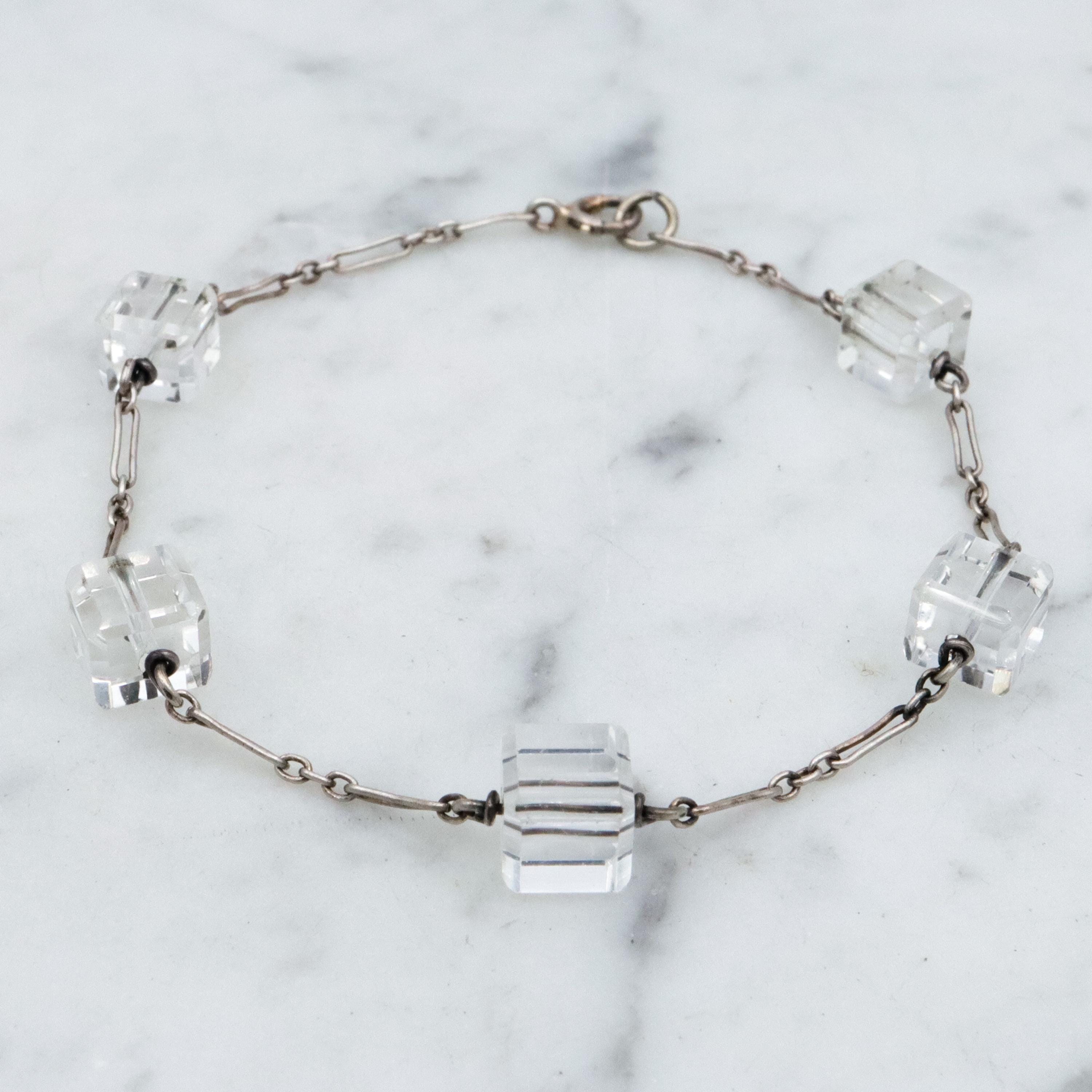Antique Art Deco rock crystal block bead sterling link bracelet