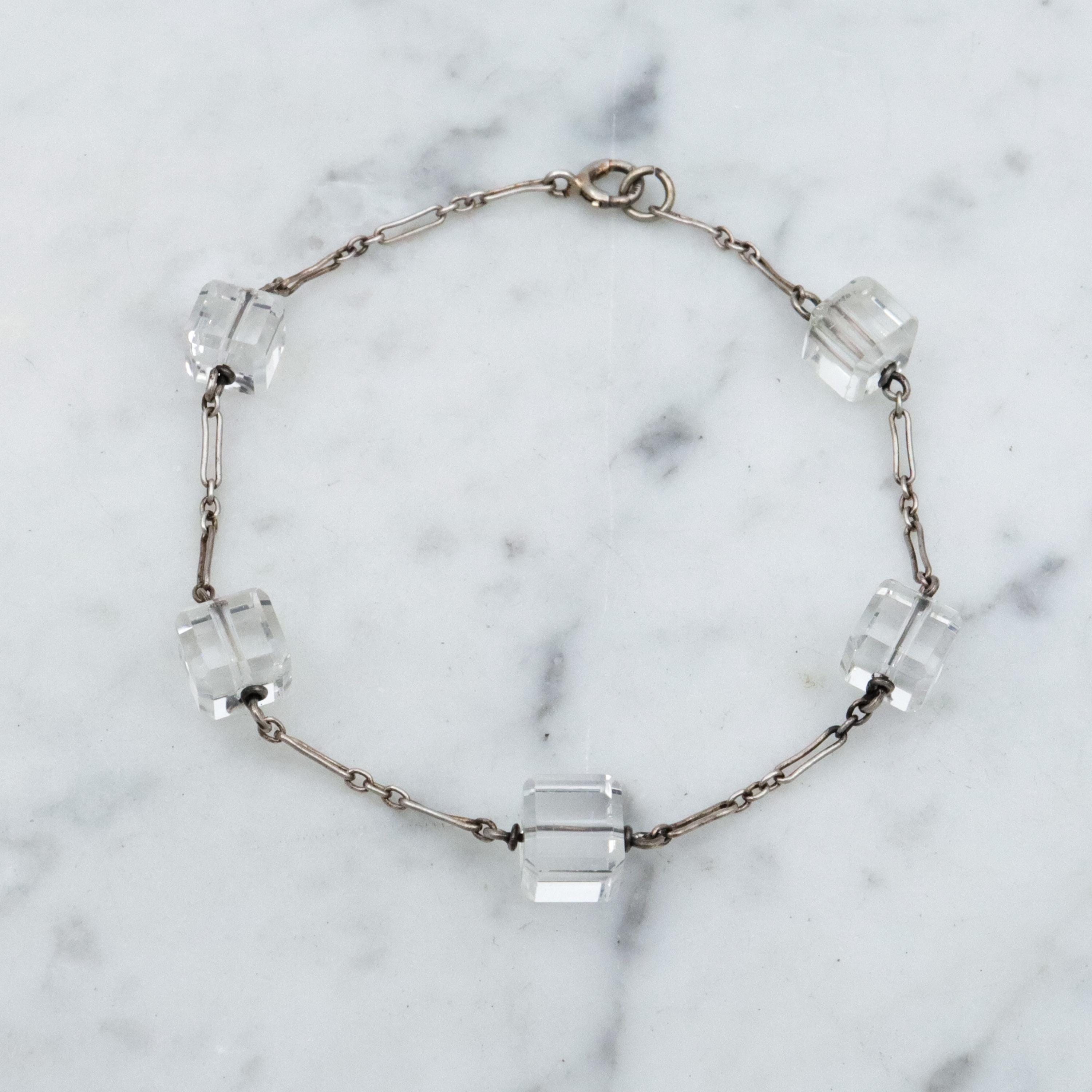 Antique Art Deco rock crystal block bead sterling link bracelet