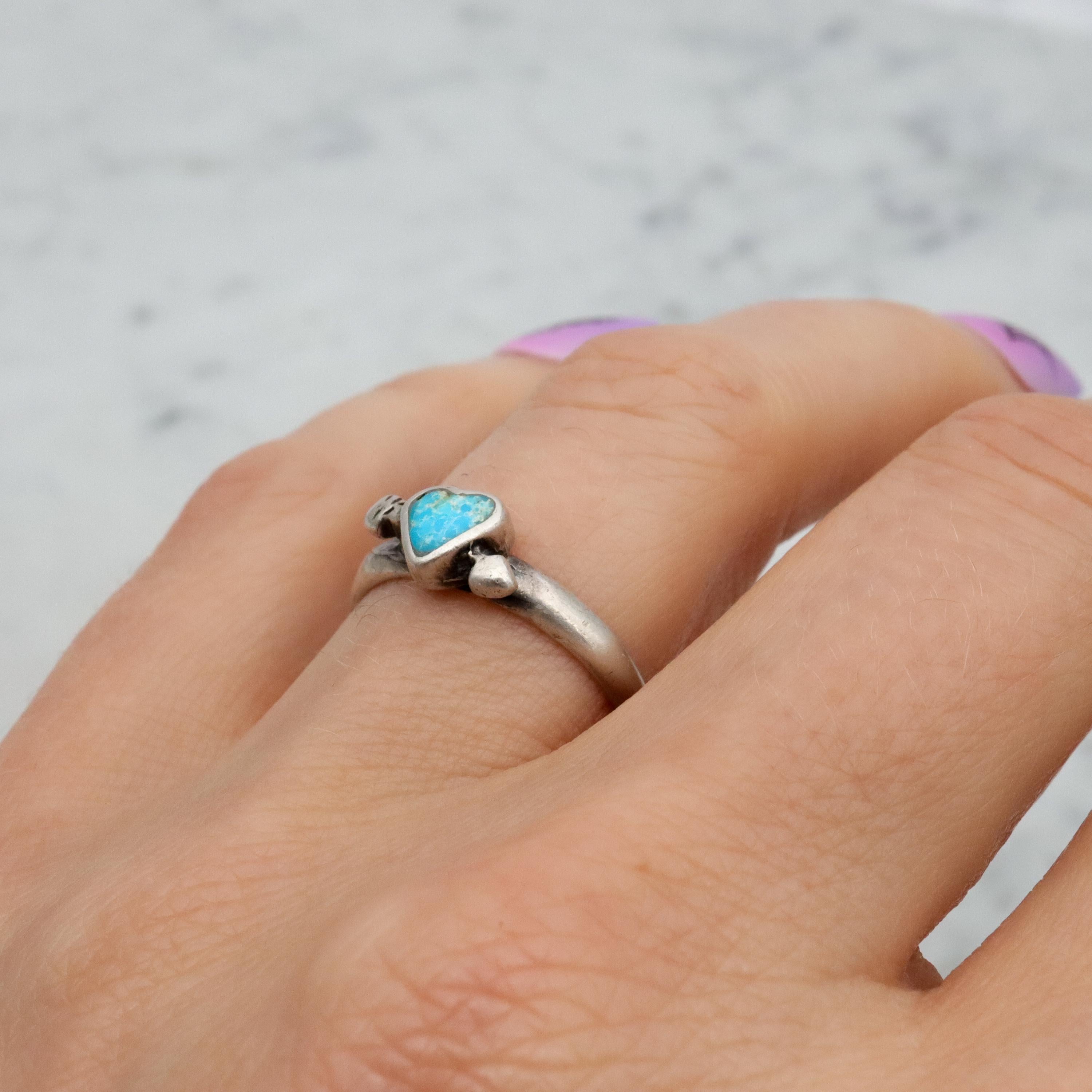 Retro Navajo sterling turquoise heart & arrow by Steeve Francisco, size 6.75