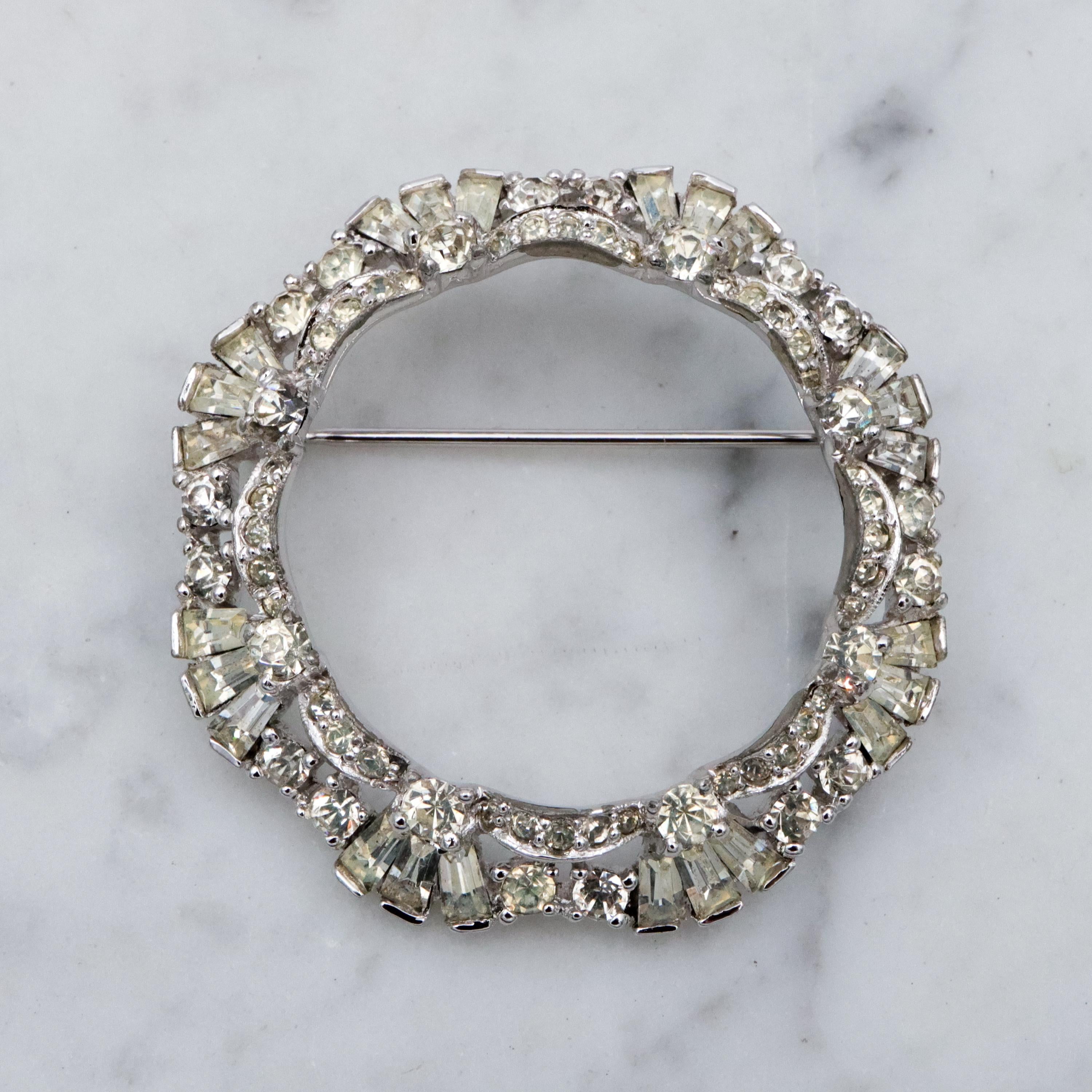 Deco Revival Jomaz rhodium plated rhinestone open wreath brooch
