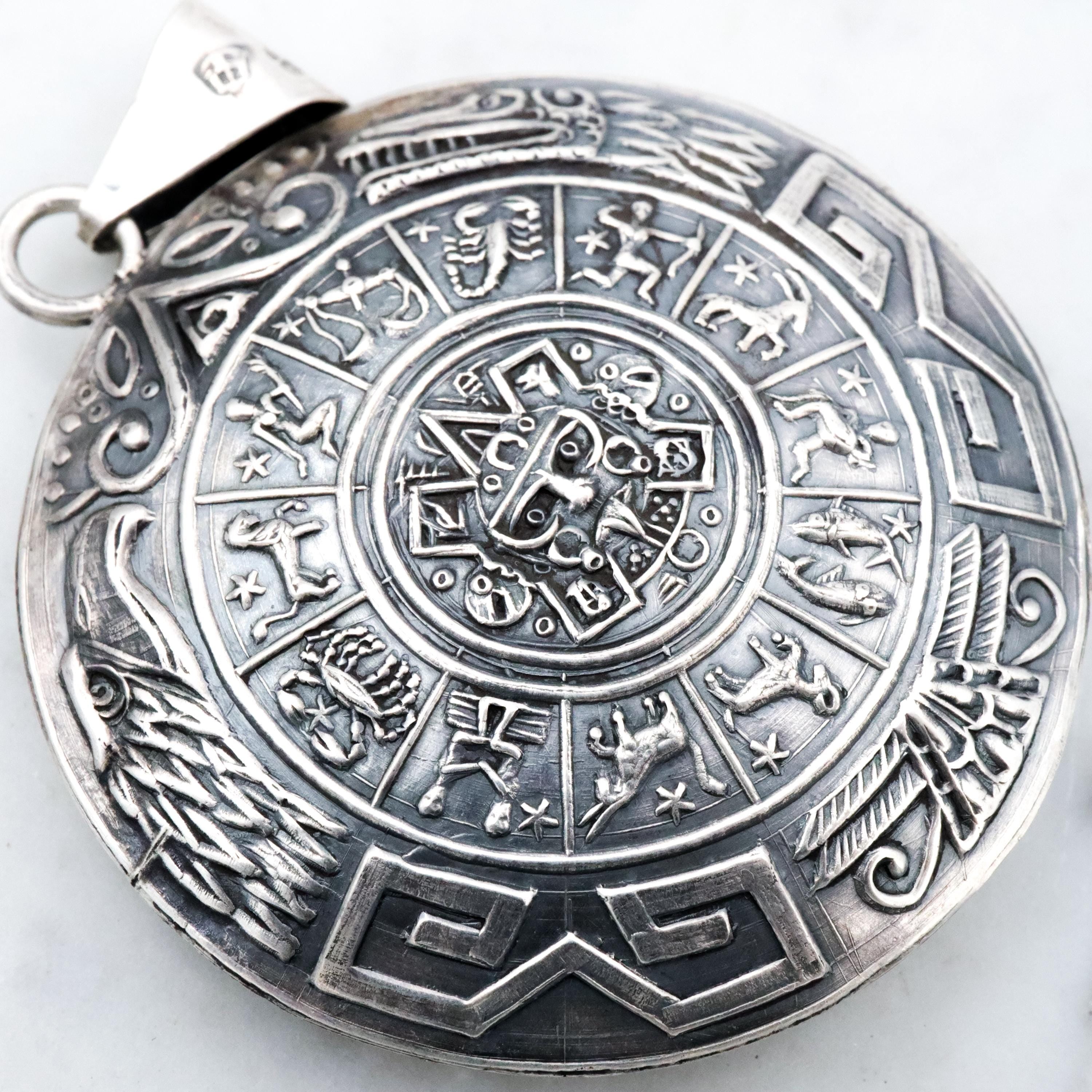 Large vintage Mexican sterling double sided medallion pendant with Mayan calendar