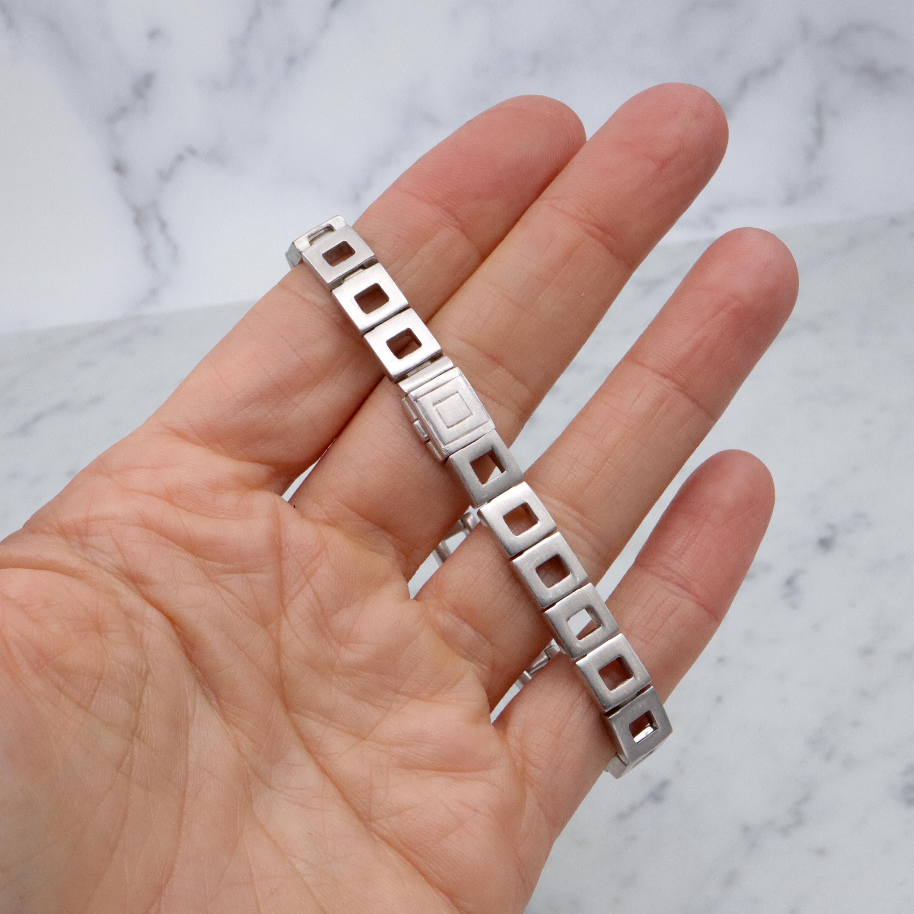 Modern brushed sterling open square link bracelet