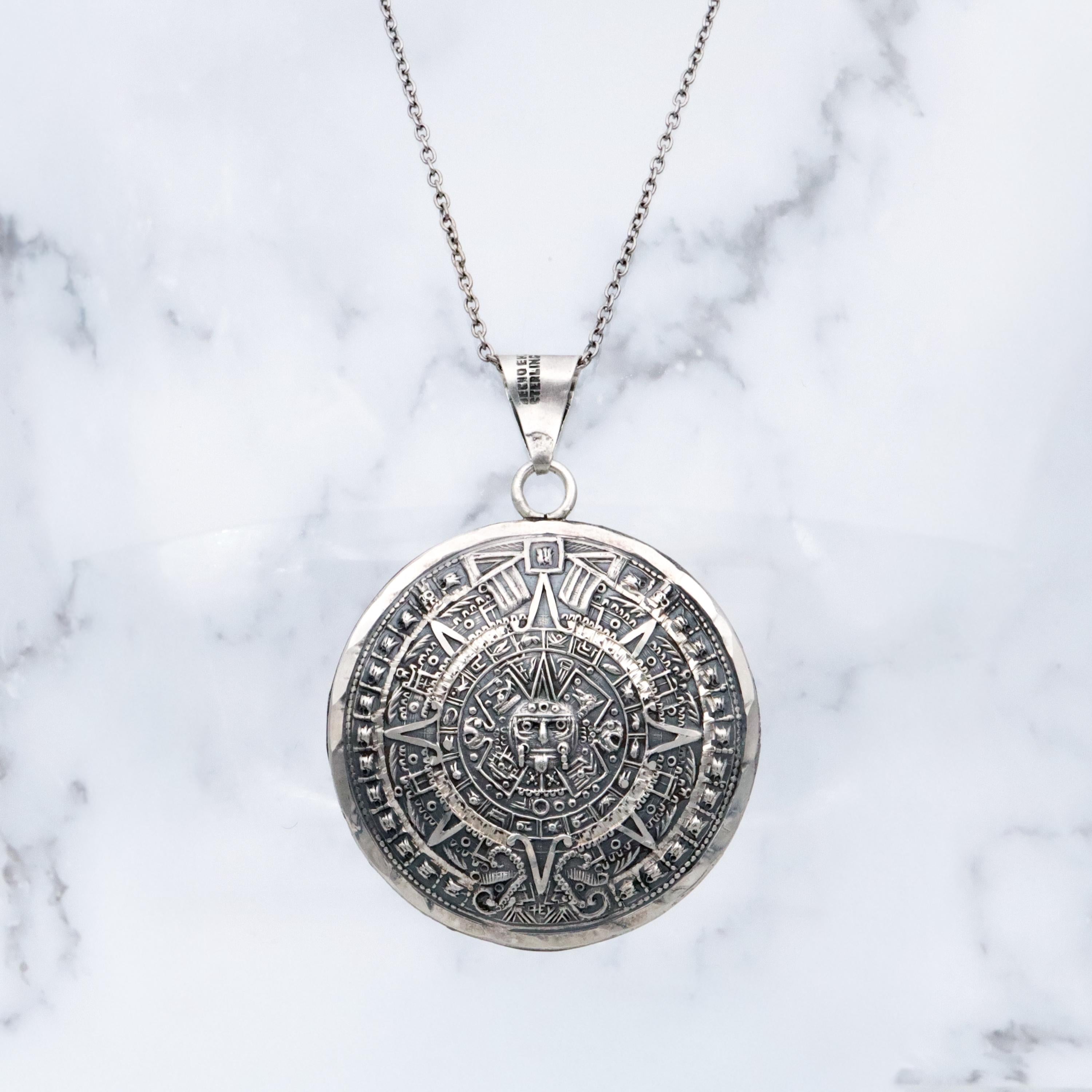 Large vintage Mexican sterling double sided medallion pendant with Mayan calendar