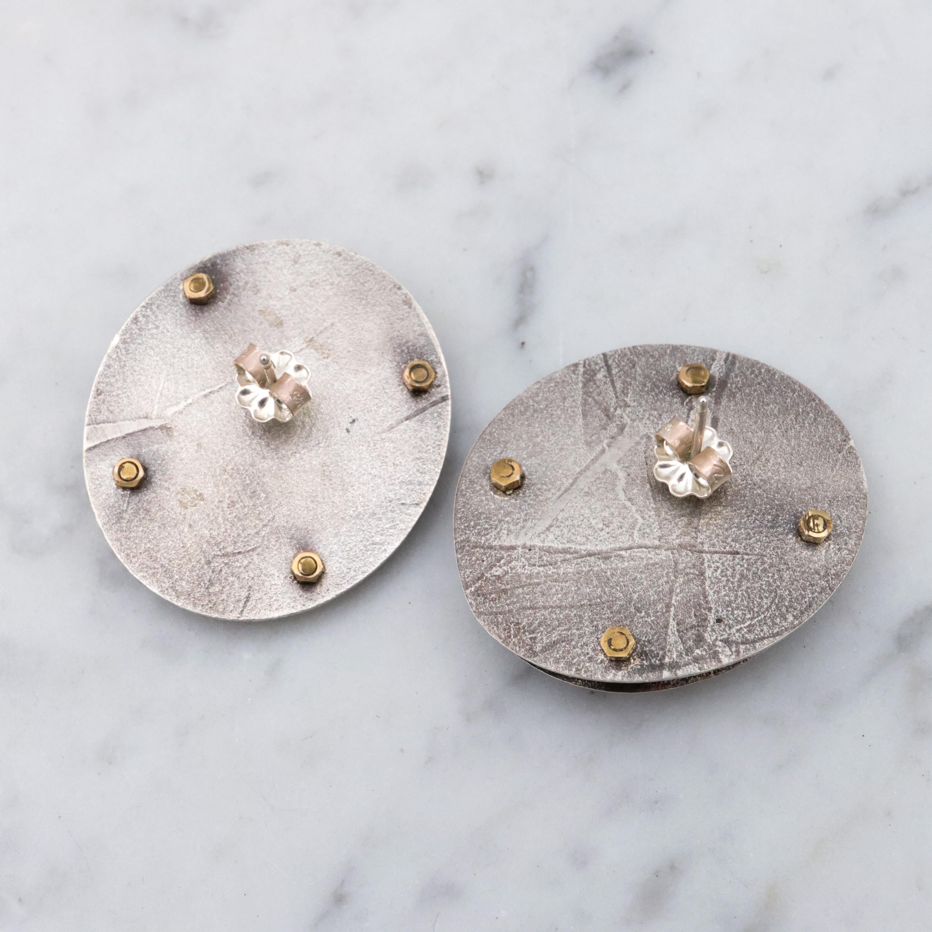 Vintage handmade Modernist sterling & lapis disc earrings with brass rivets