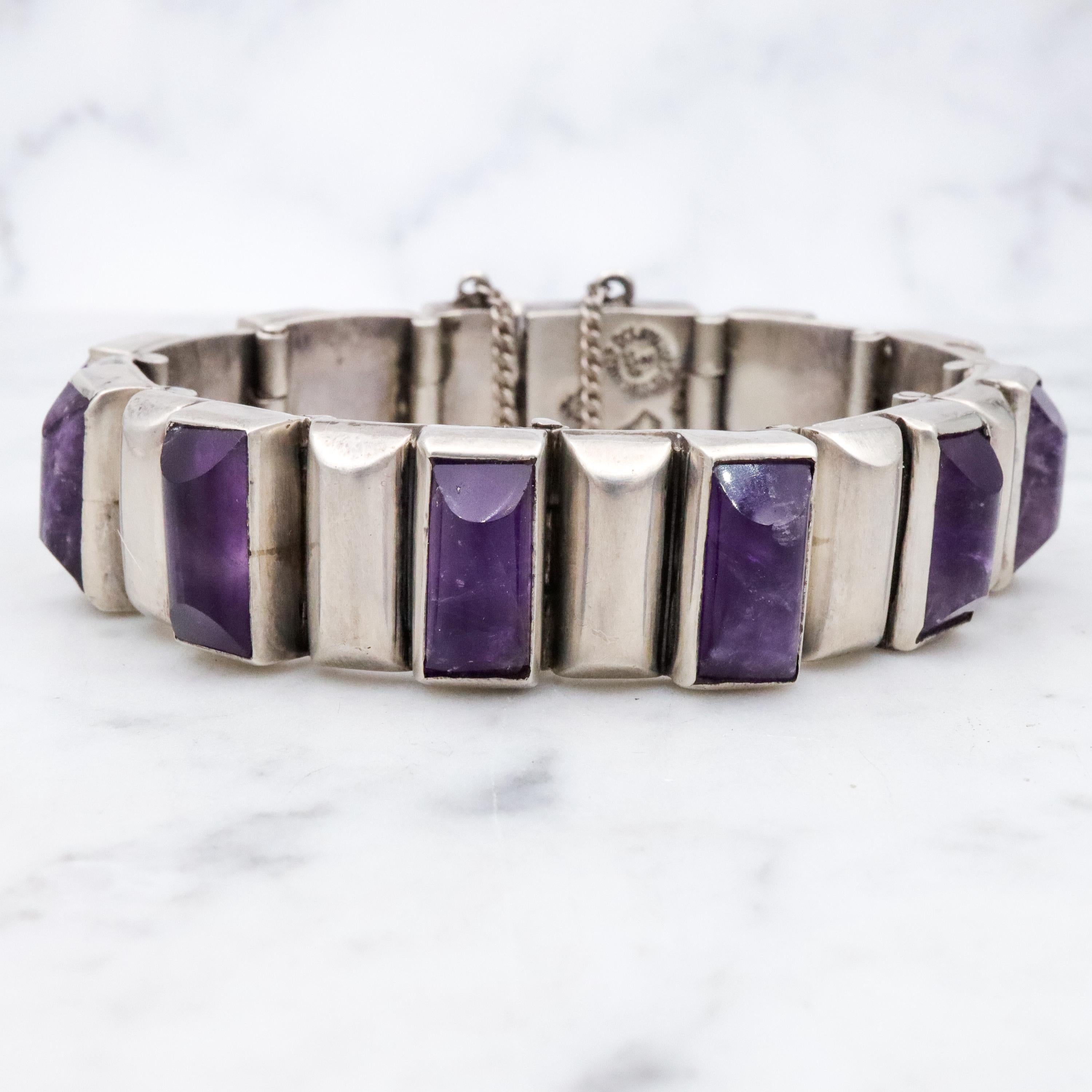 Exceptional Antonio Pineda Mid Century sterling & amethyst block link bracelet