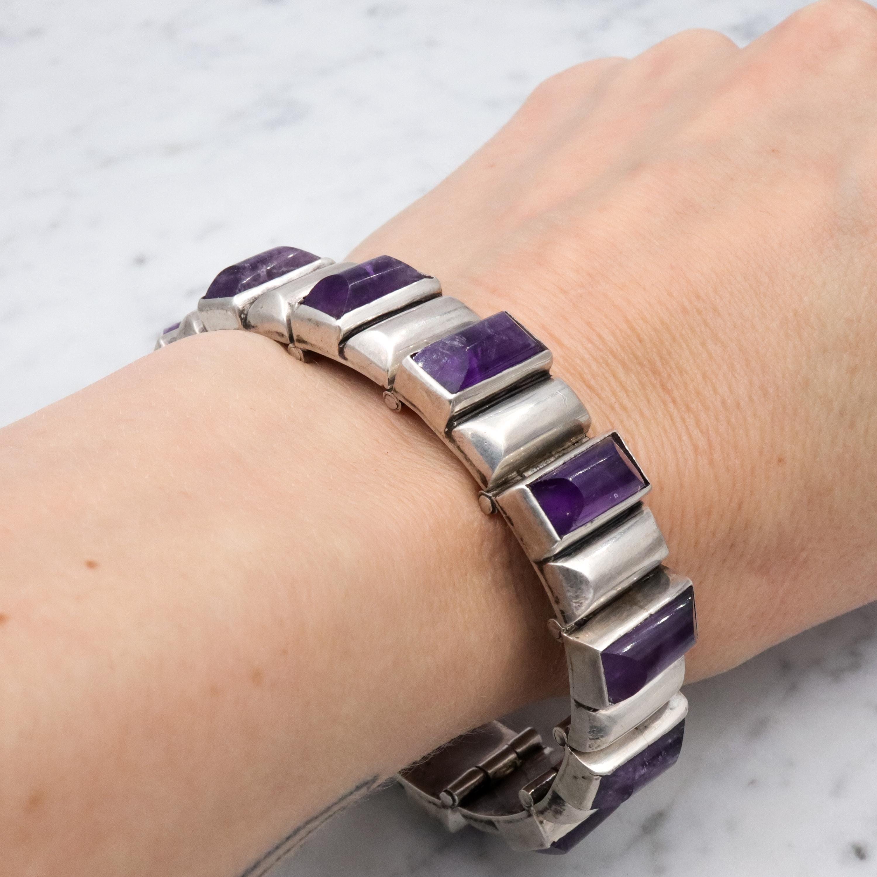 Exceptional Antonio Pineda Mid Century sterling & amethyst block link bracelet