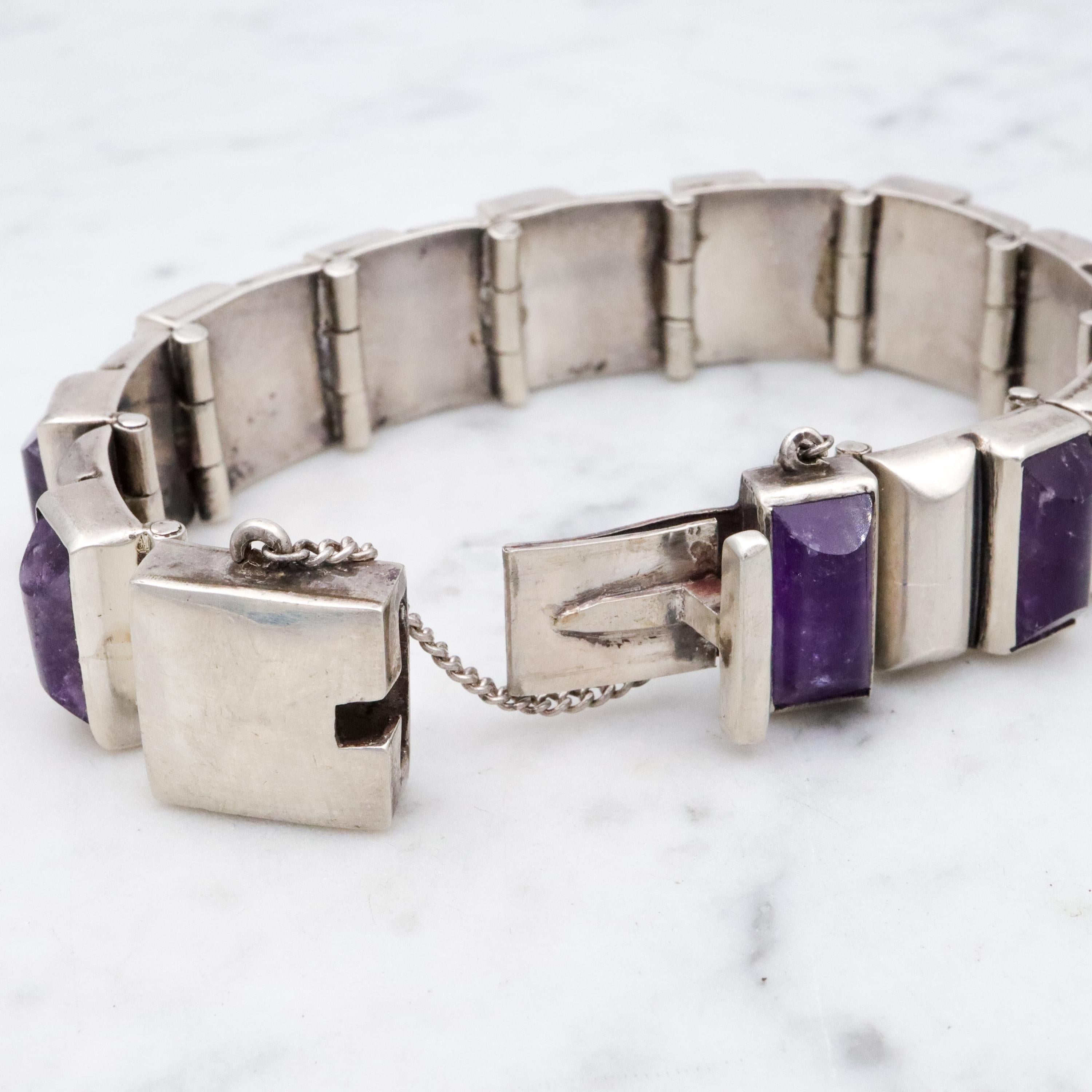 Exceptional Antonio Pineda Mid Century sterling & amethyst block link bracelet