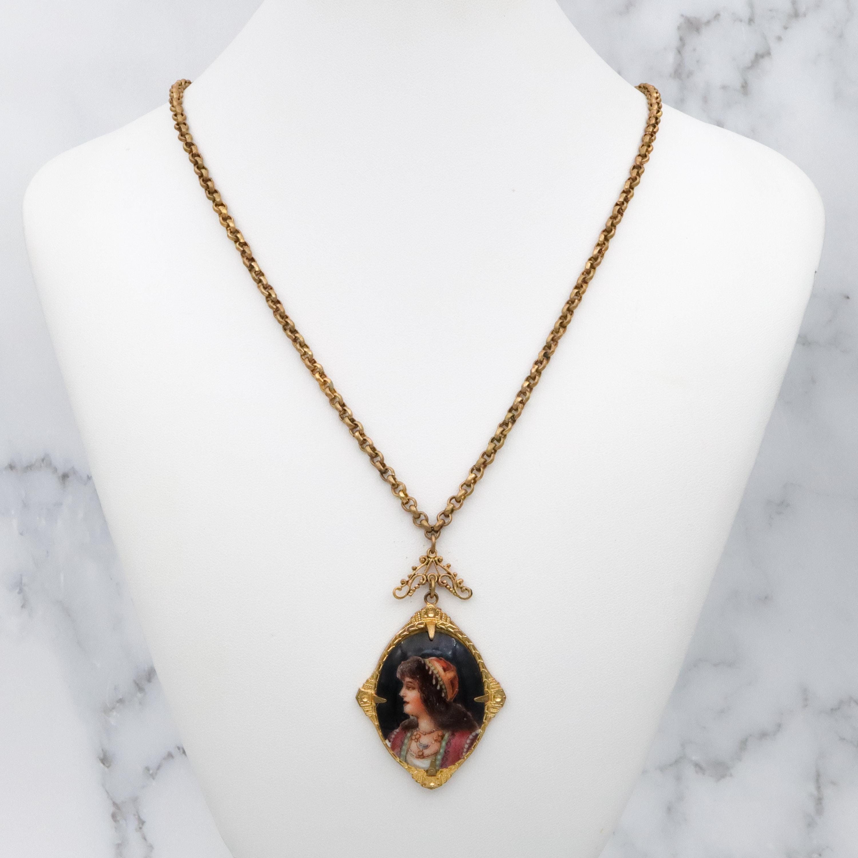 Antique Deco Czech porcelain portrait gilt metal pendant necklace