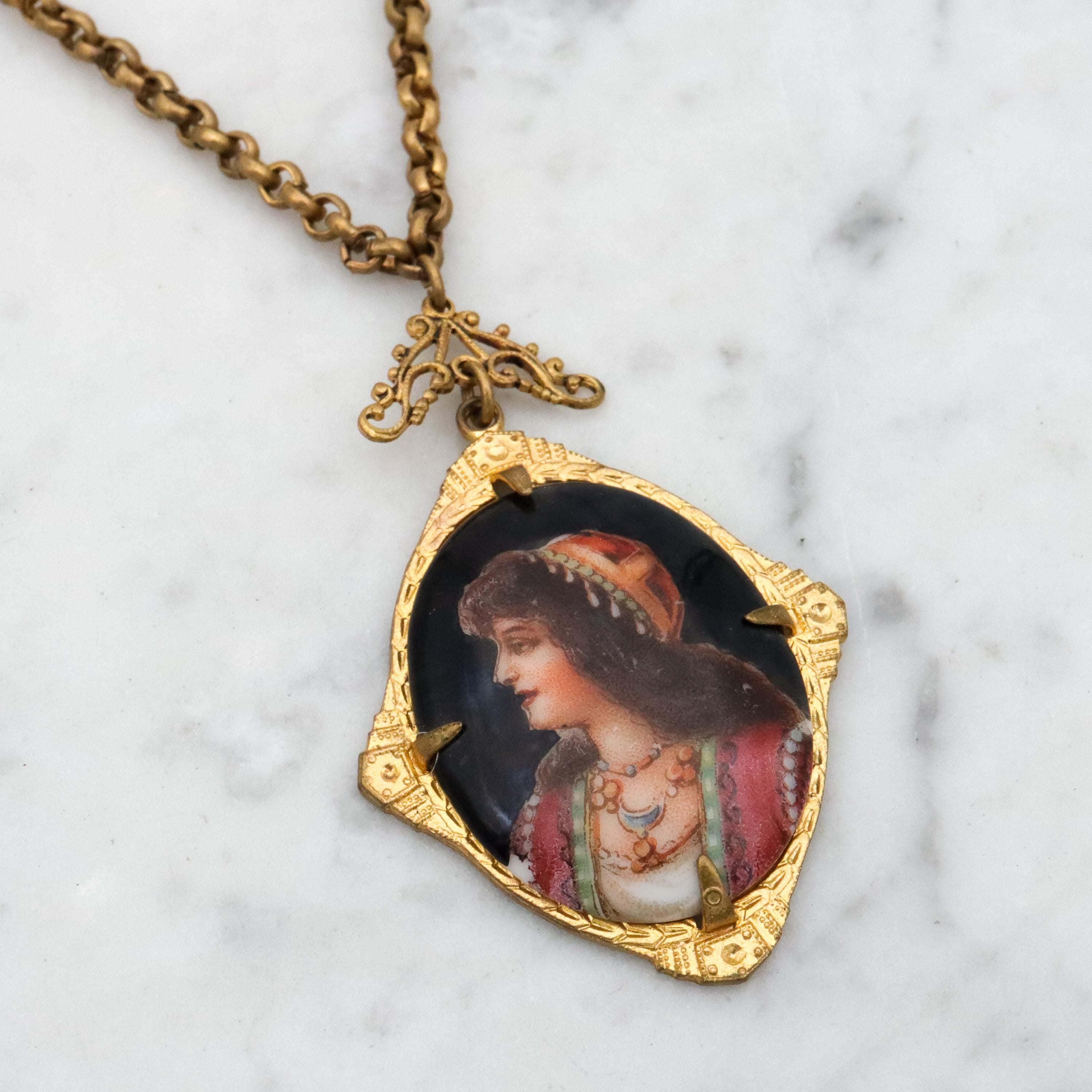 Antique Deco Czech porcelain portrait gilt metal pendant necklace