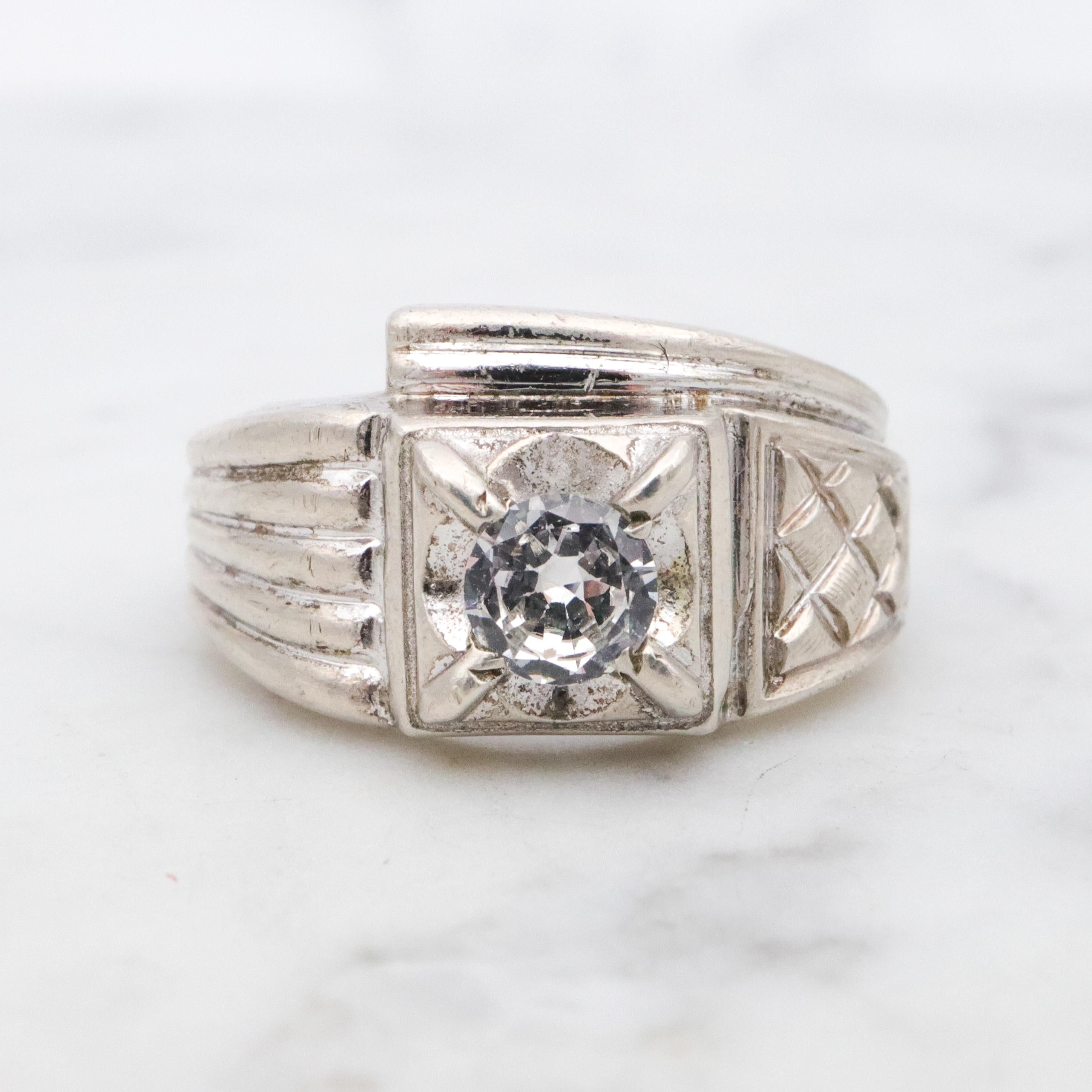 Uncas Art Deco rhodium plated sterling quartz asymmetrical ring, size 8.5