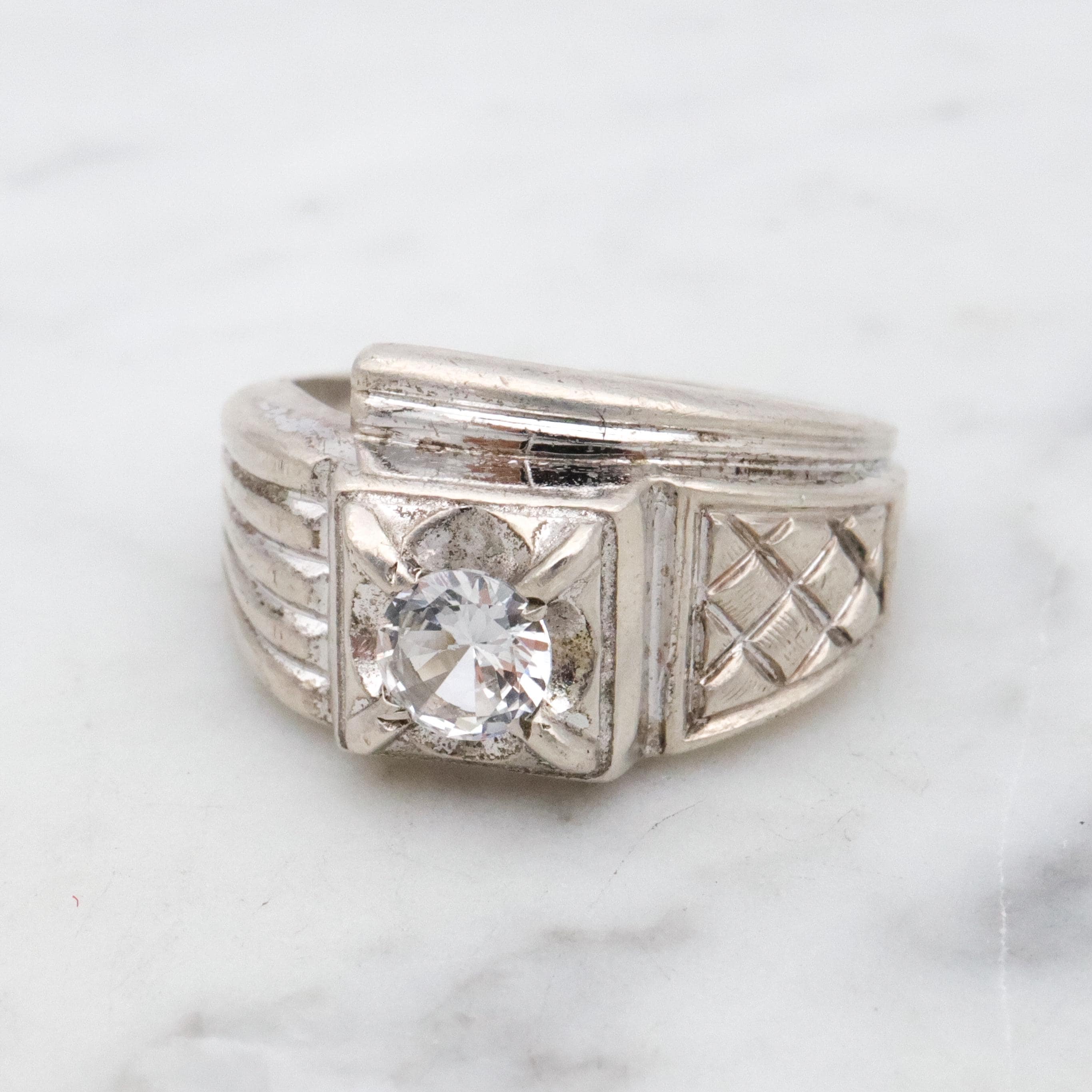 Uncas Art Deco rhodium plated sterling quartz asymmetrical ring, size 8.5