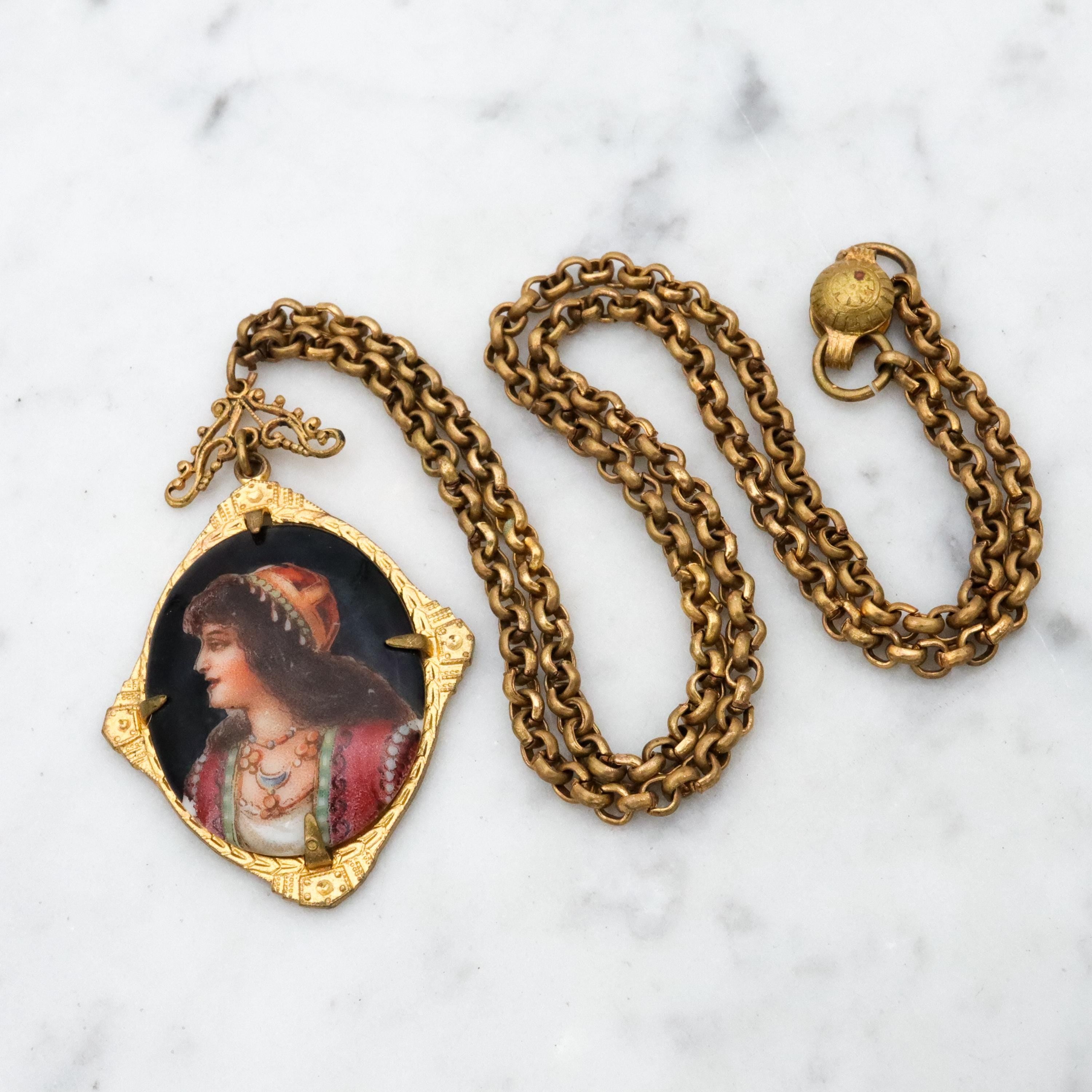 Antique Deco Czech porcelain portrait gilt metal pendant necklace