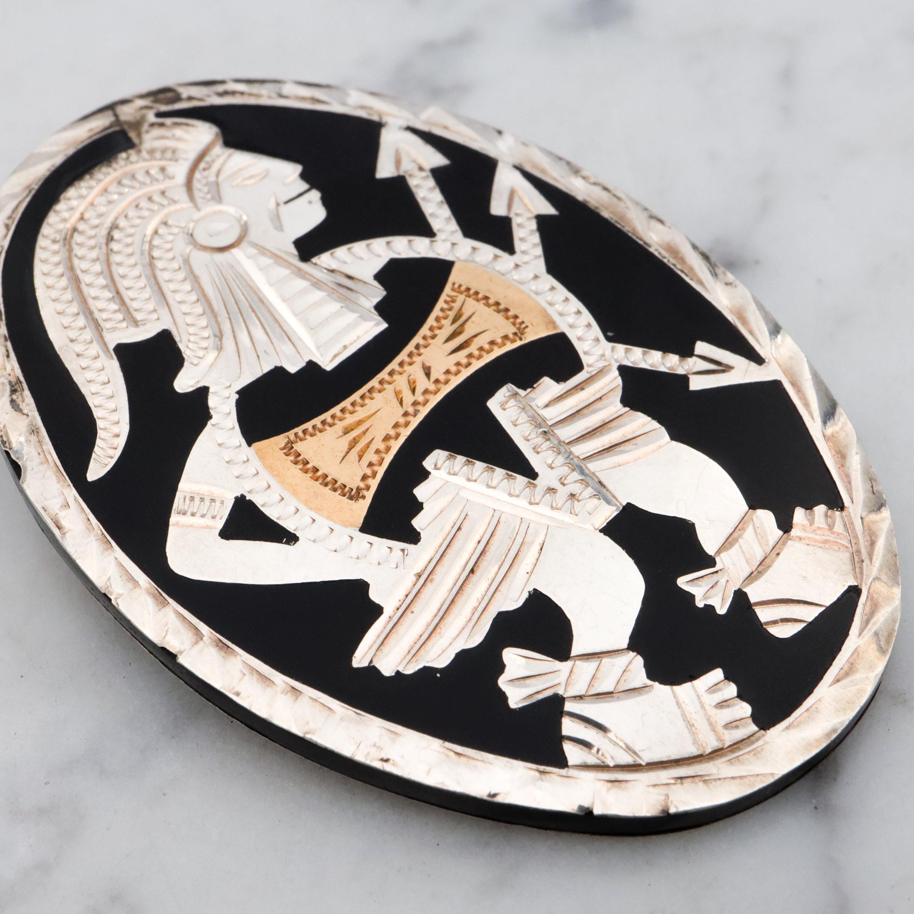 Vintage Mexican sterling & brass inlaid Aztec warrior brooch/pendant