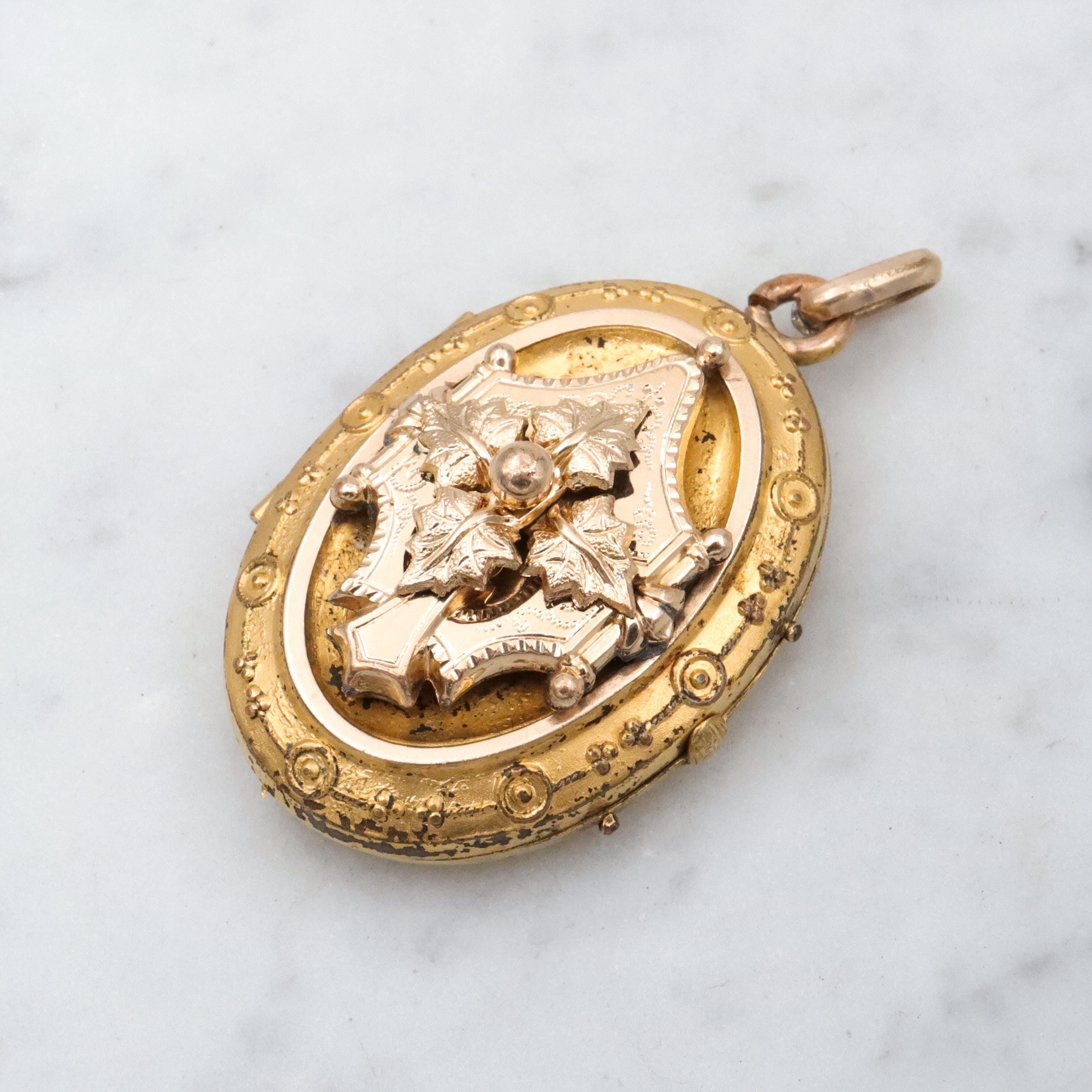 Antique Victorian gold filled & gilt metal Etruscan Revival locket pendant
