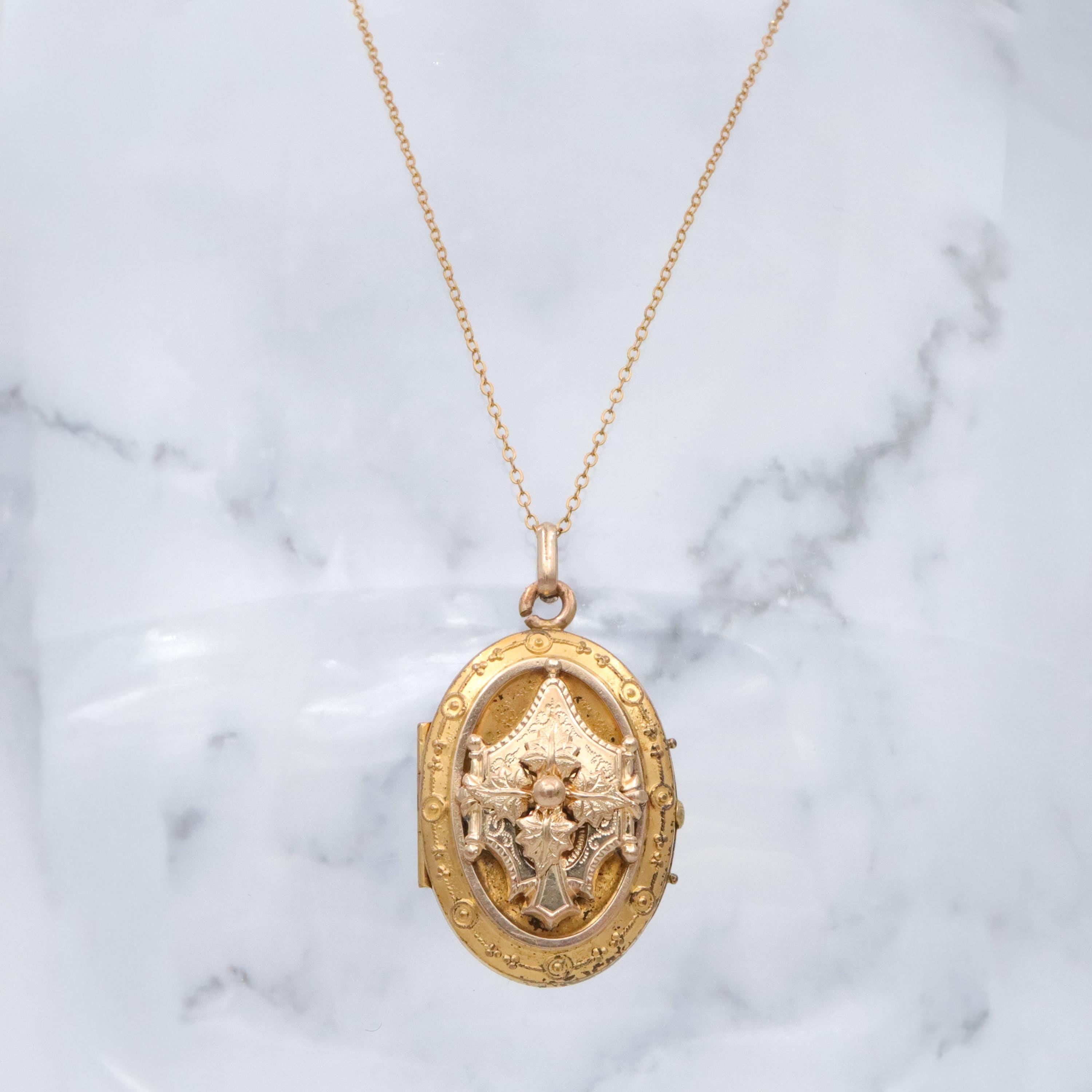 Antique Victorian gold filled & gilt metal Etruscan Revival locket pendant