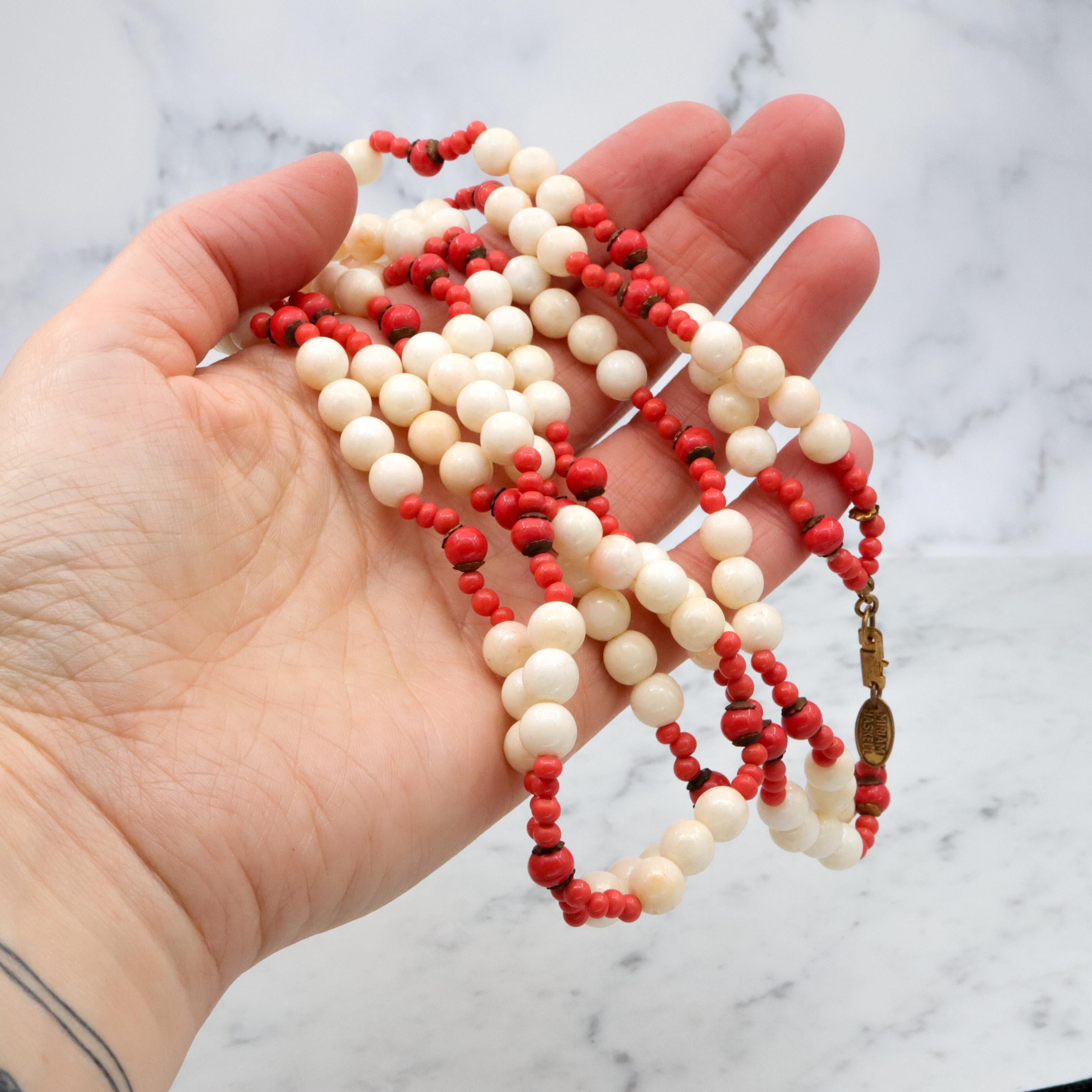 70s Miriam Haskell faux coral & pearl double strand necklace with slide clasp, 26"