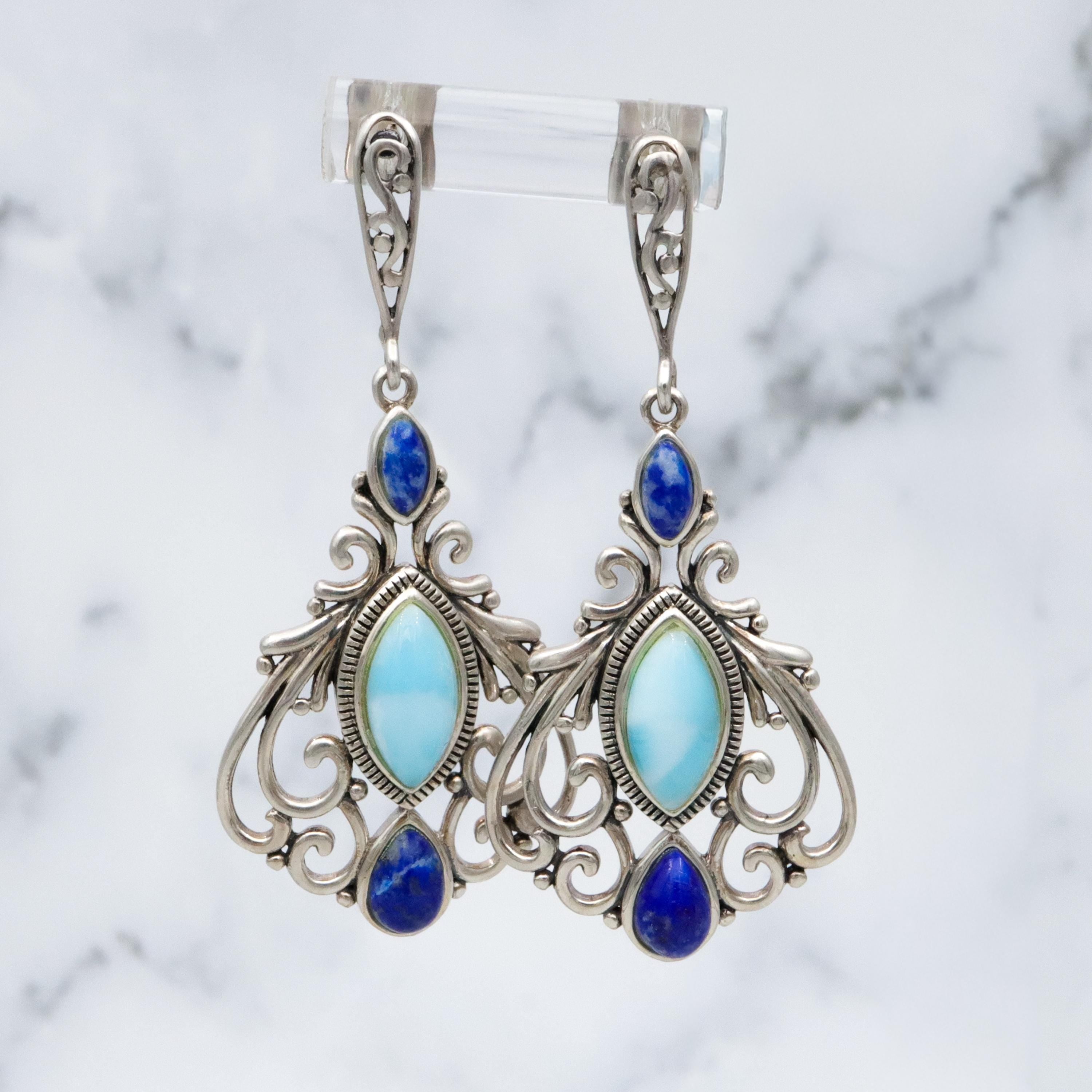 Vintage lapis & larimar sterling filigree drop earrings